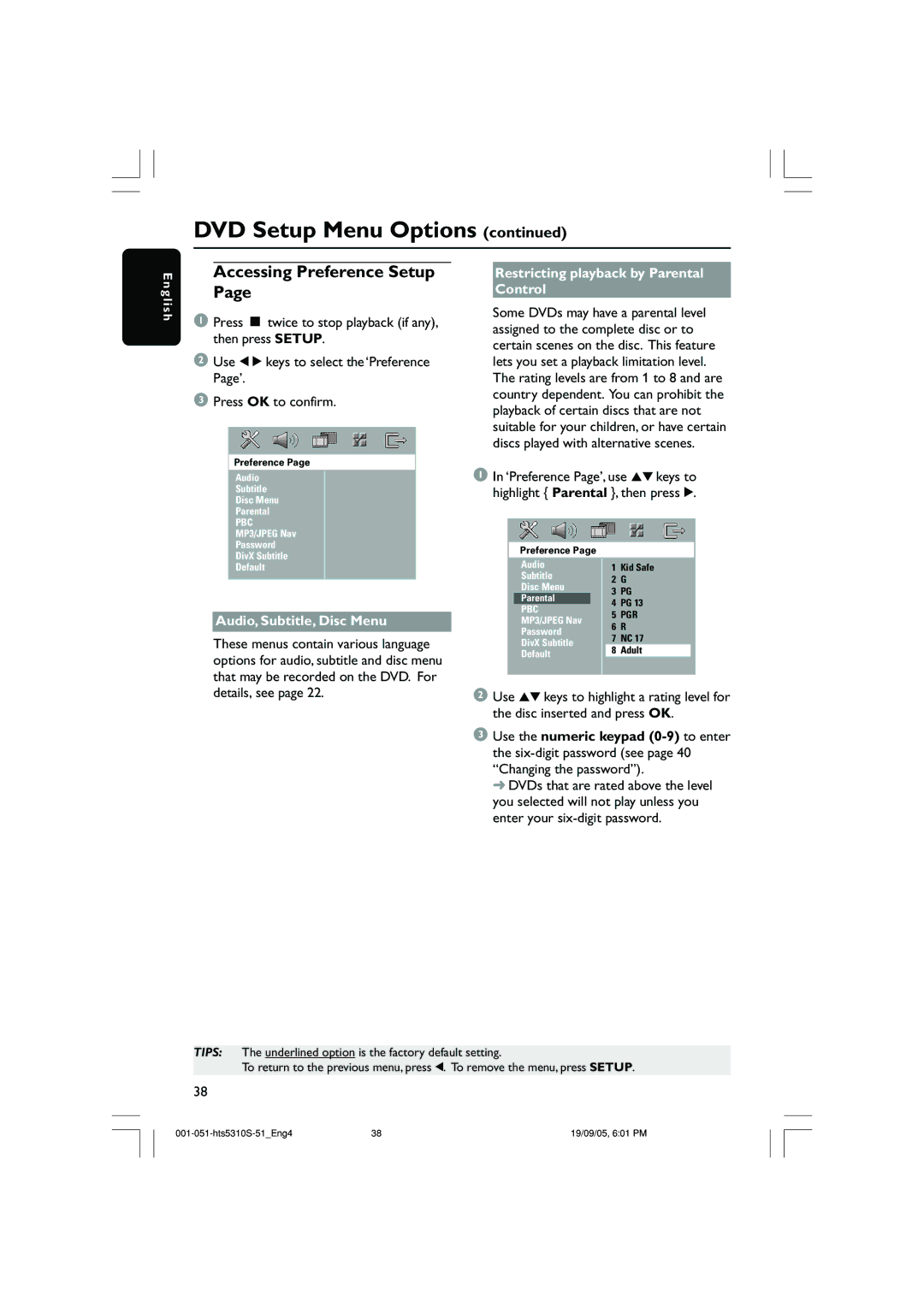 Philips HTS5310K/51 Accessing Preference Setup, Audio, Subtitle, Disc Menu, Restricting playback by Parental Control 