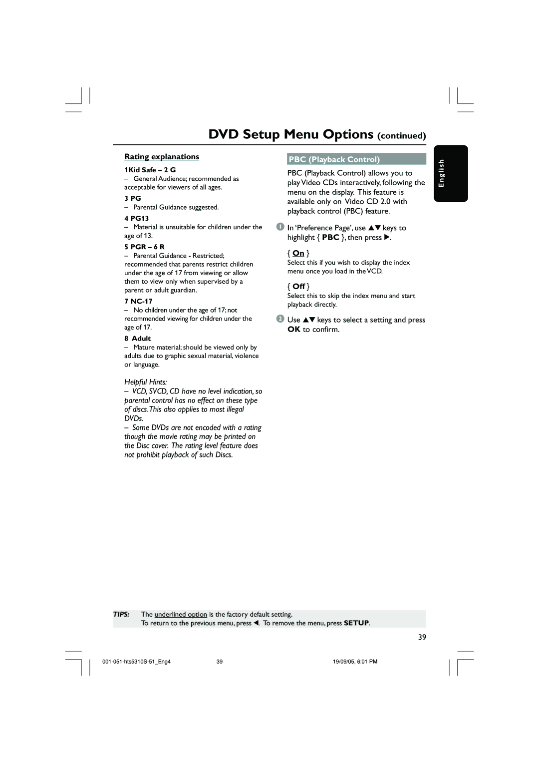 Philips HTS5310K/51 user manual Rating explanations, PBC Playback Control 