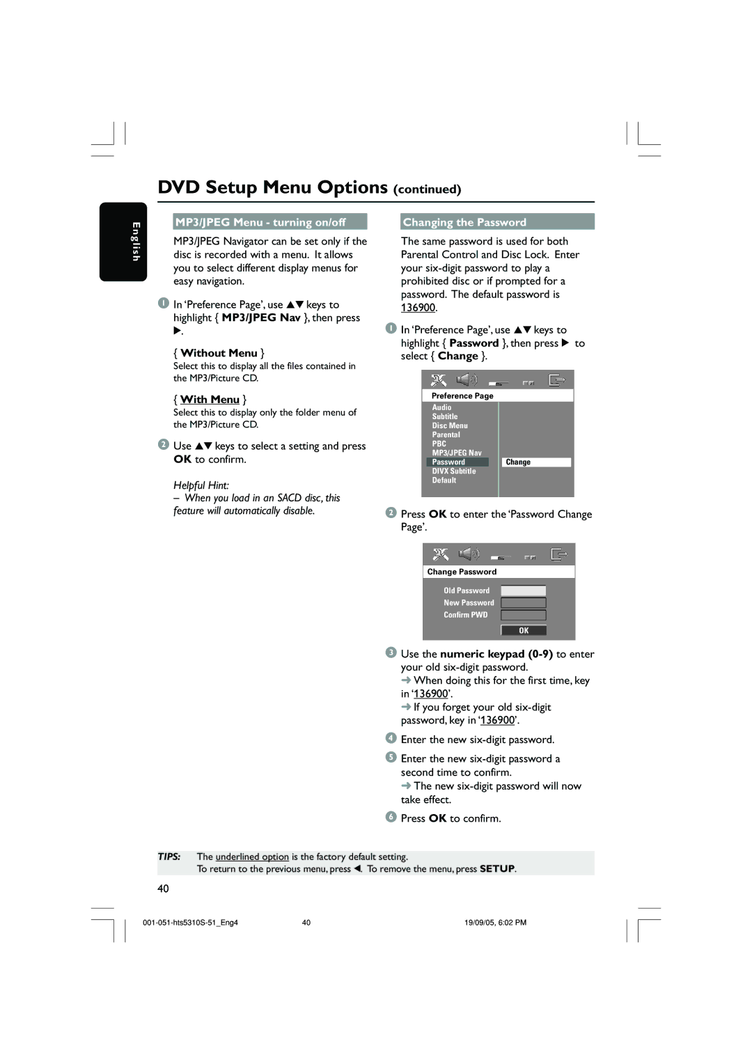 Philips HTS5310K/51 user manual MP3/JPEG Menu turning on/off Changing the Password, Without Menu, With Menu 