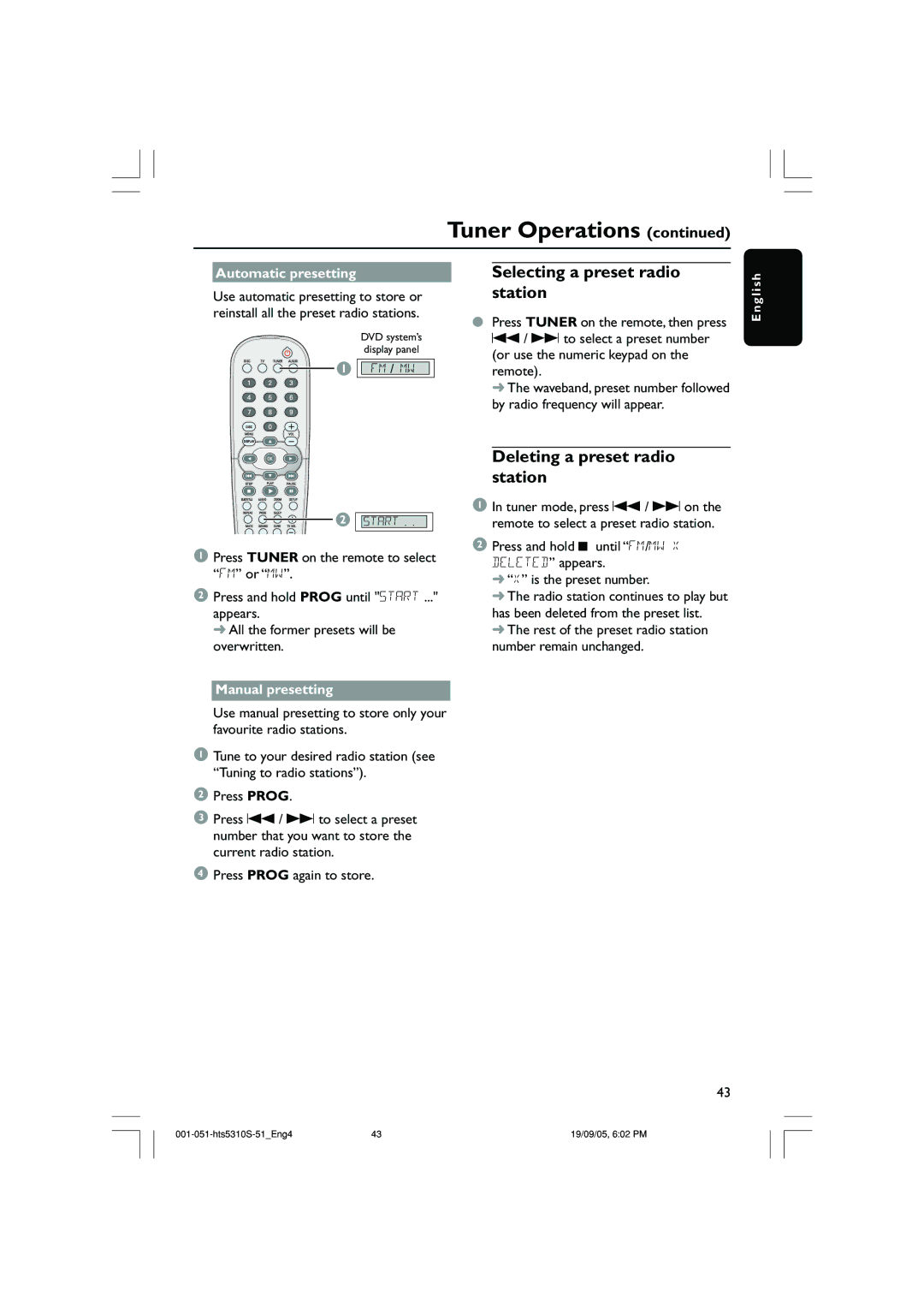 Philips HTS5310K/51 user manual Selecting a preset radio station, Deleting a preset radio station, Automatic presetting 