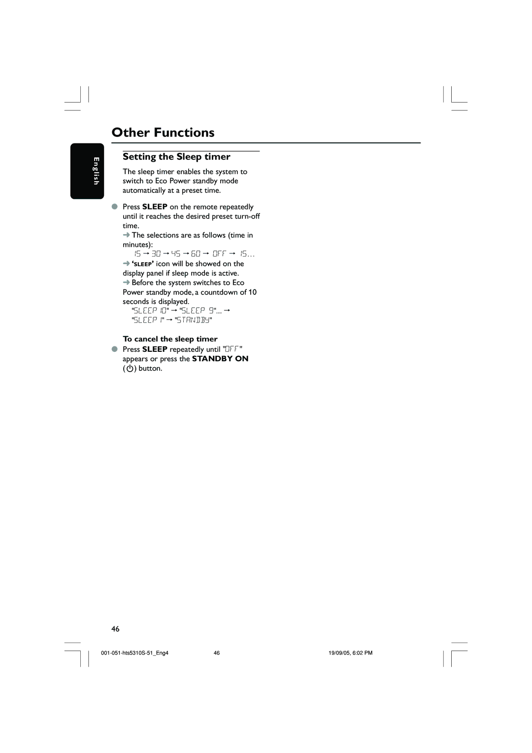 Philips HTS5310K/51 user manual Other Functions, Setting the Sleep timer, To cancel the sleep timer 