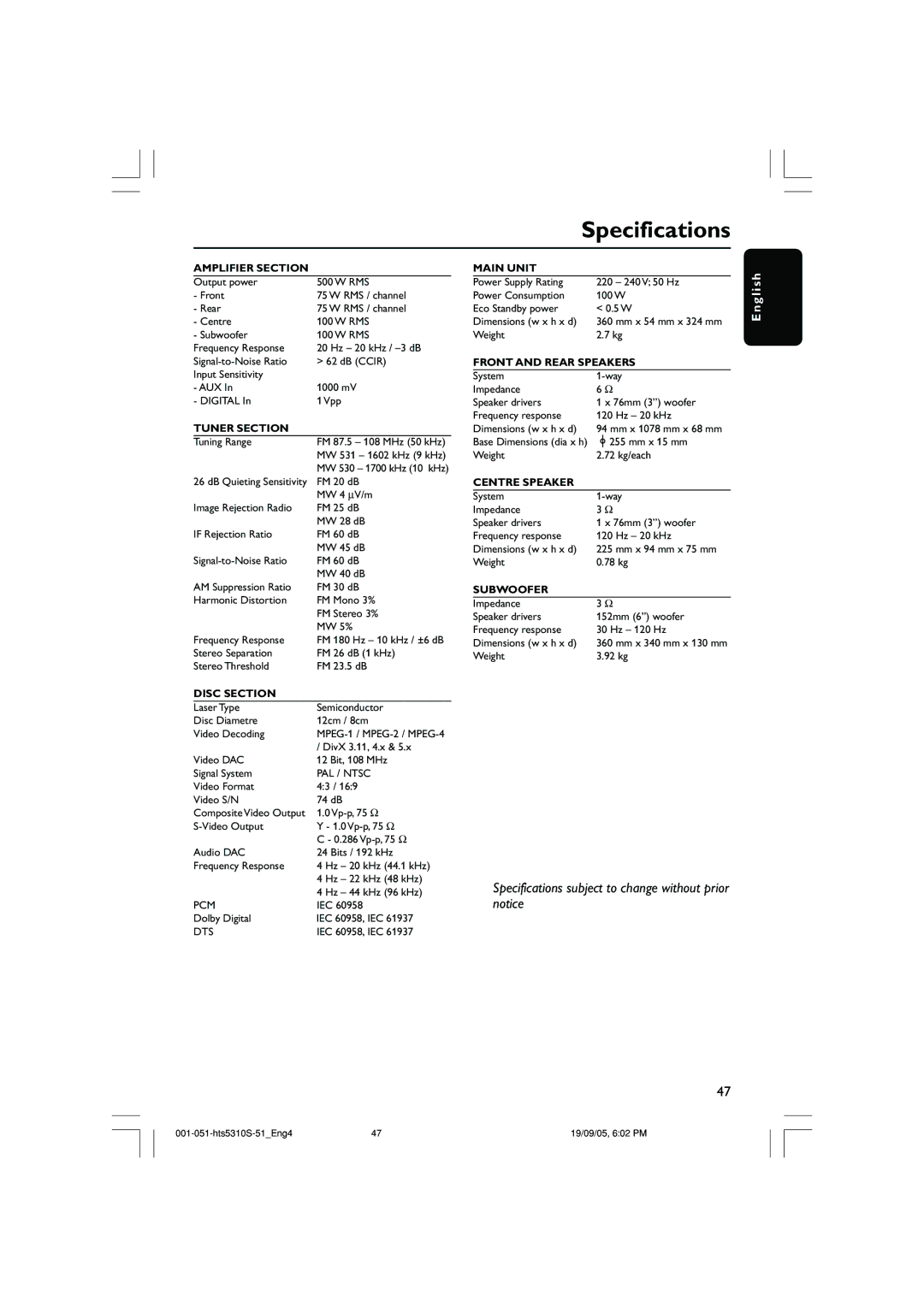 Philips HTS5310K/51 user manual Specifications, Amplifier Section 