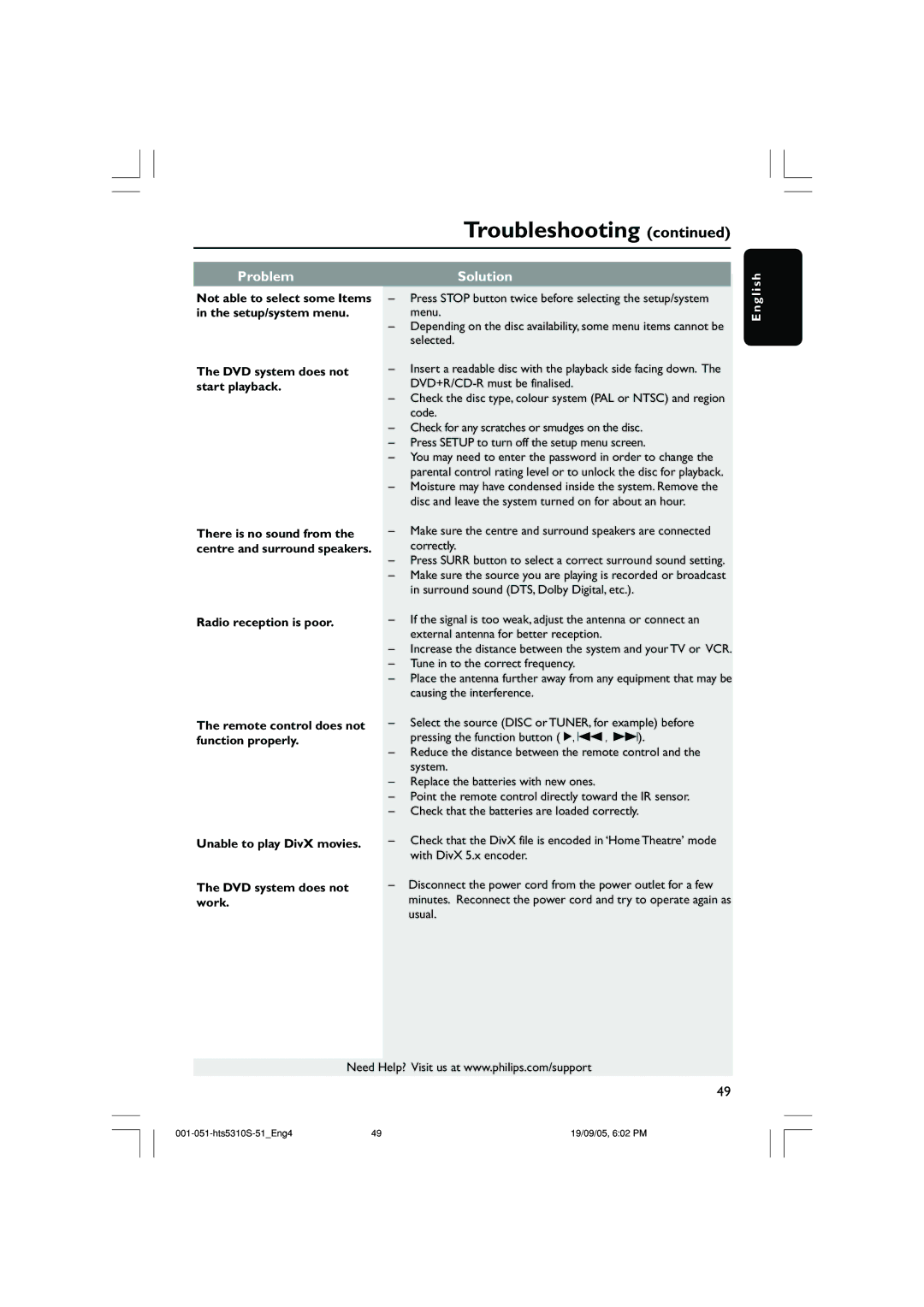 Philips HTS5310K/51 user manual DVD system does not start playback 