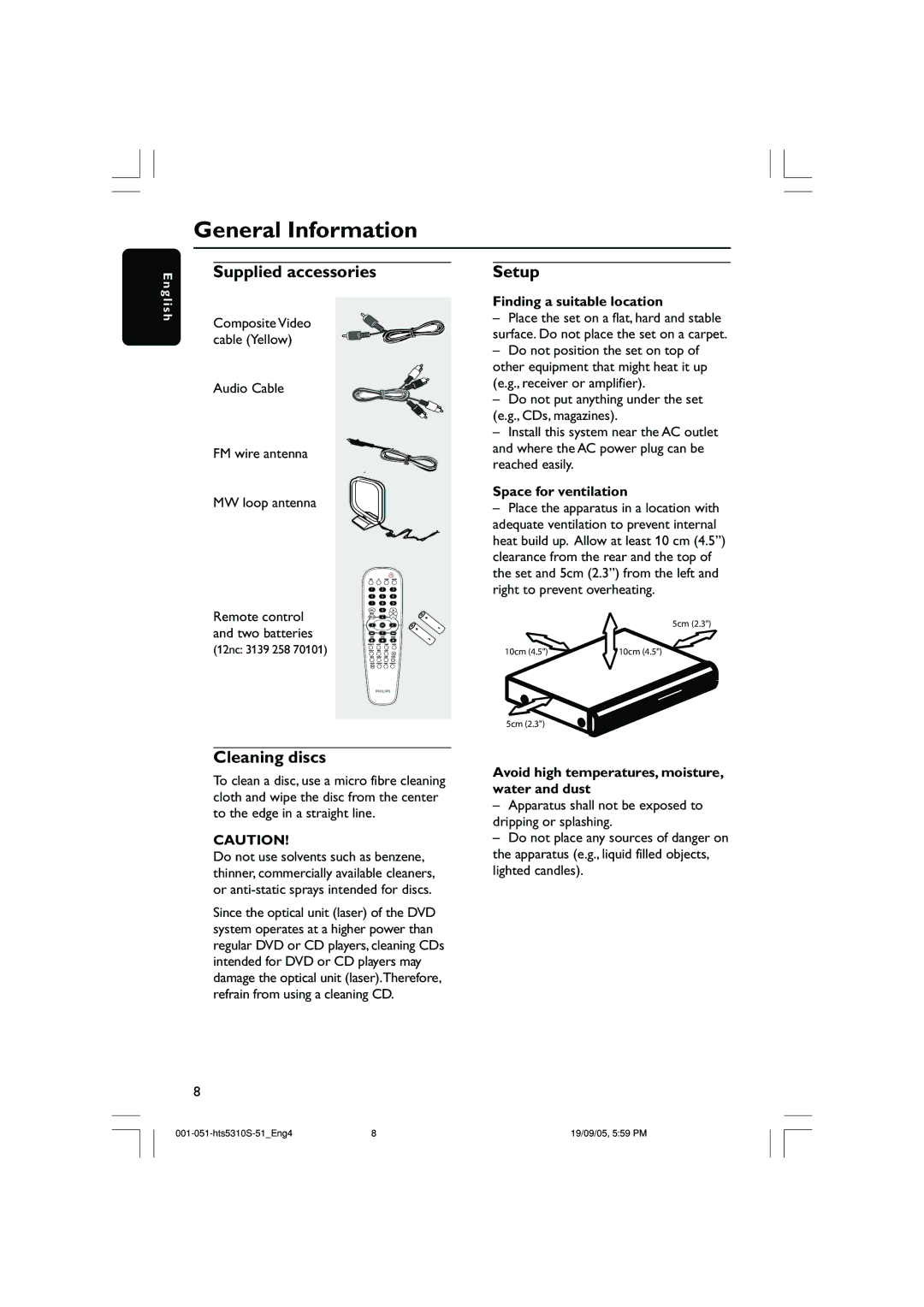 Philips HTS5310K/51 user manual General Information, Supplied accessories, Setup, Cleaning discs 