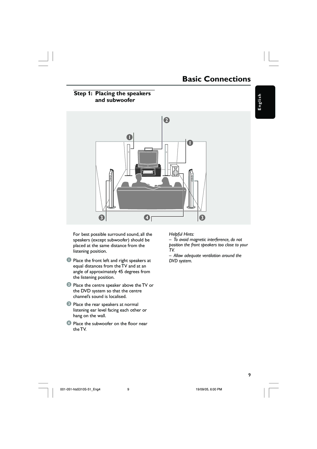 Philips HTS5310K/51 user manual Basic Connections, Placing the speakers and subwoofer 