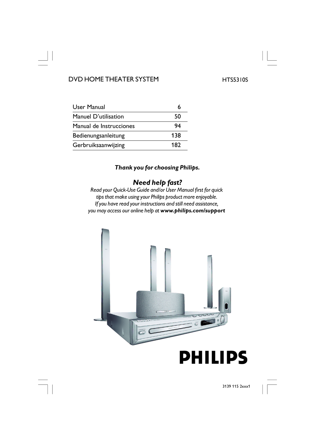 Philips HTS5310S/51 user manual DVD Home Theater System, 3139 115 