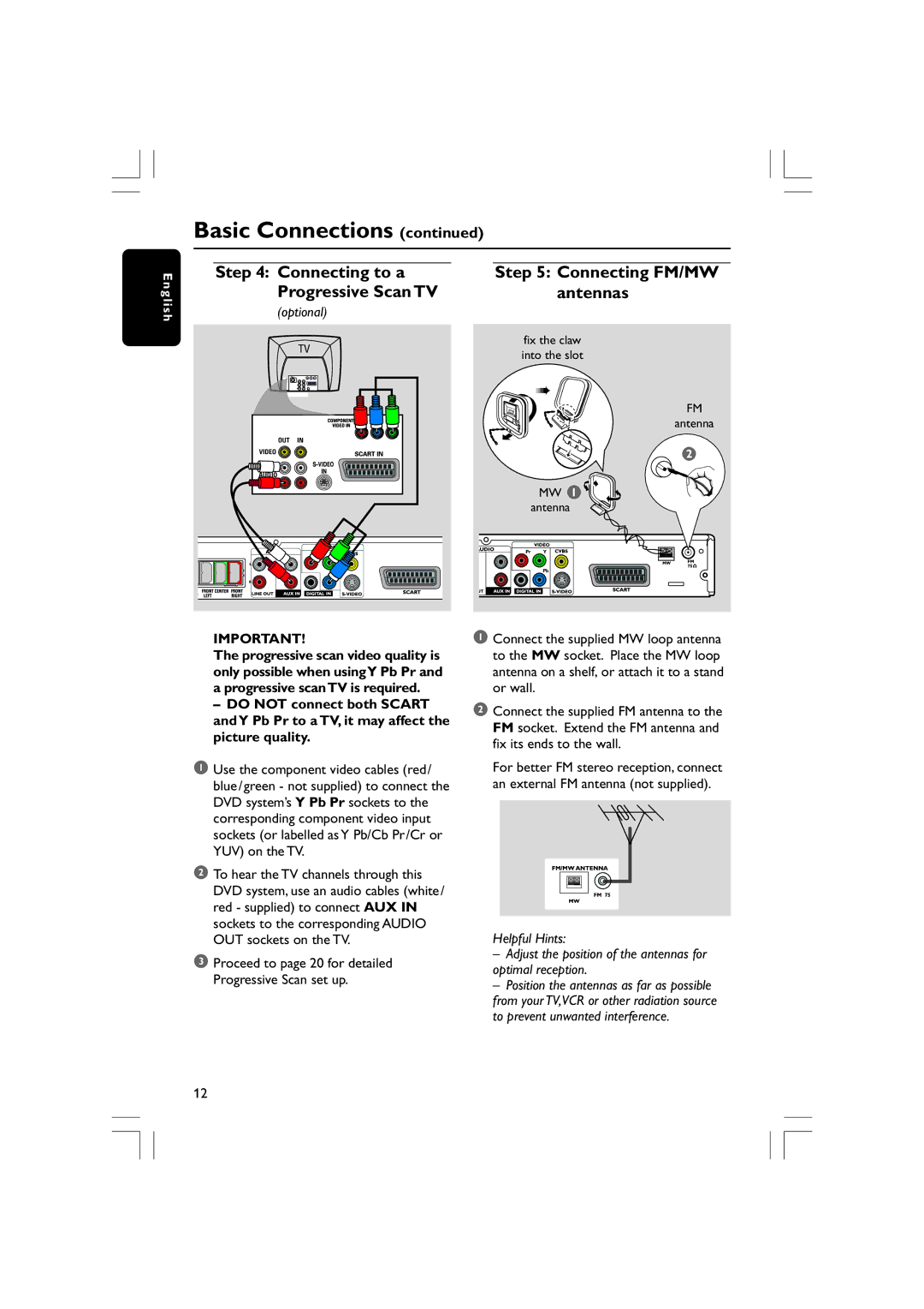 Philips HTS5310S/51 user manual Connecting FM/MW antennas, Antenna MW 1 antenna 