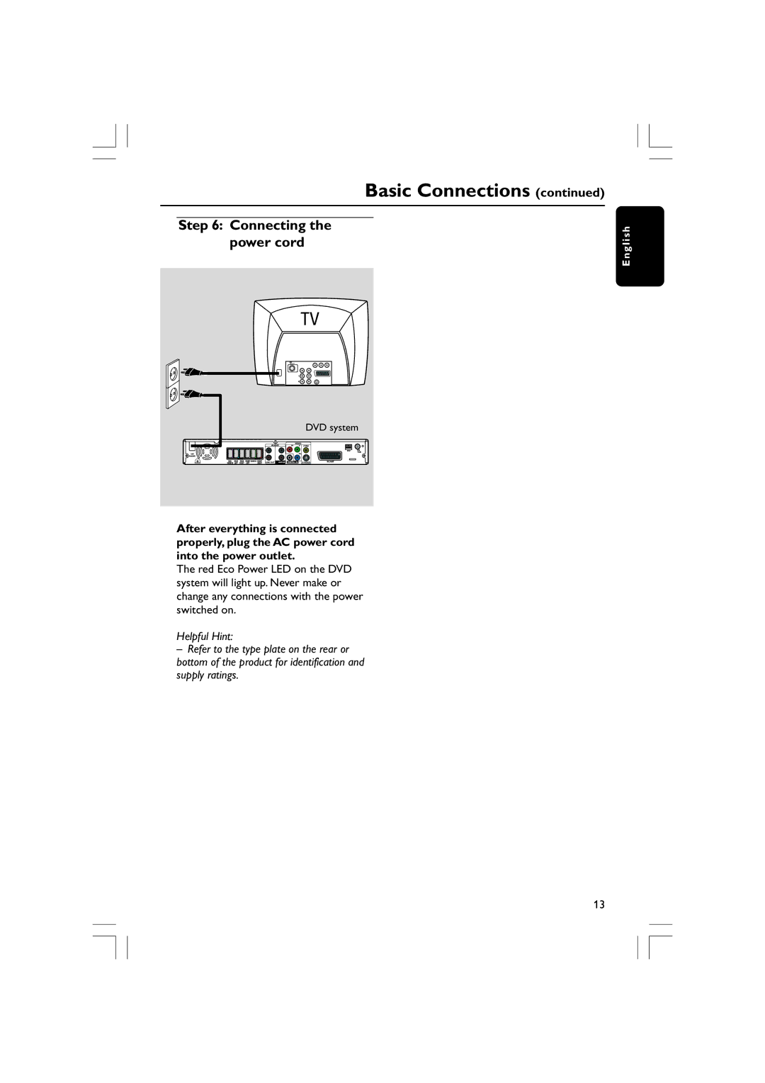 Philips HTS5310S/51 user manual Connecting the power cord, DVD system 