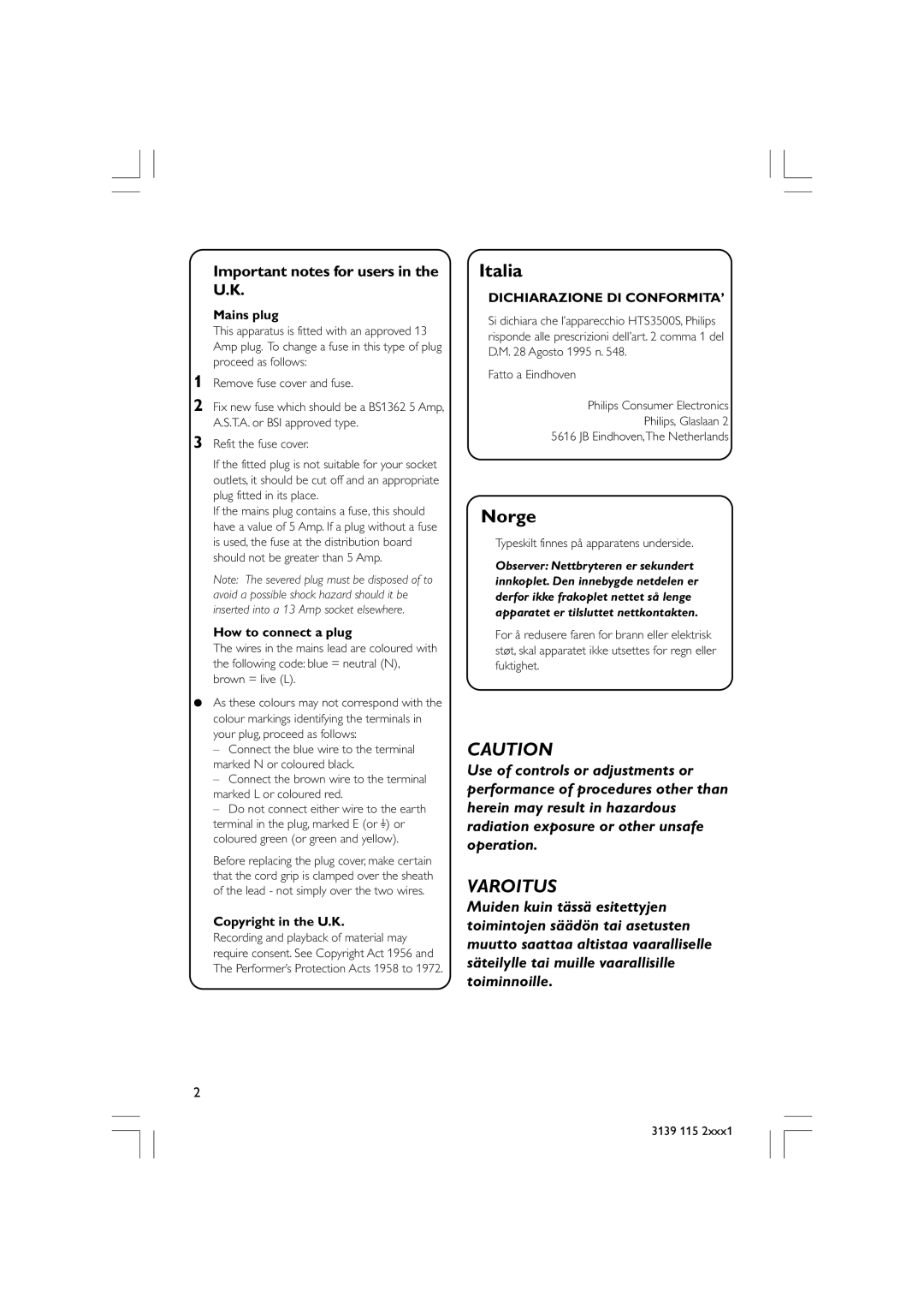 Philips HTS5310S/51 user manual Important notes for users in the U.K, Typeskilt finnes på apparatens underside 