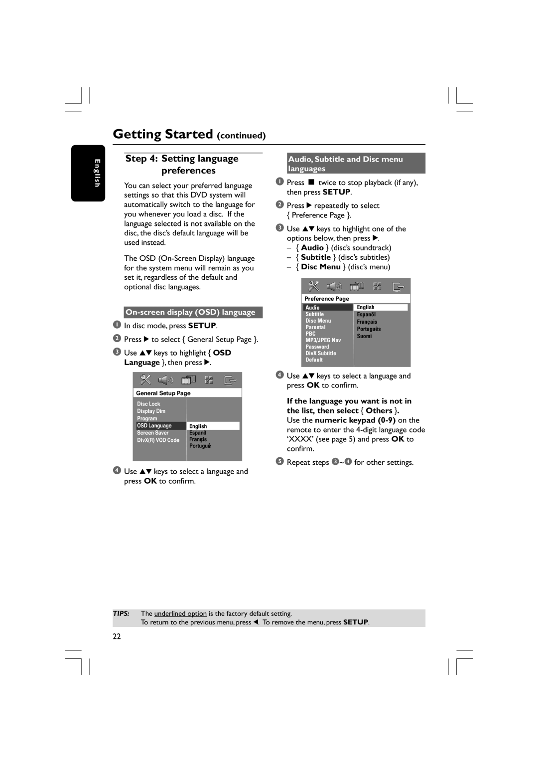 Philips HTS5310S/51 user manual On-screen display OSD language, Audio, Subtitle and Disc menu languages 