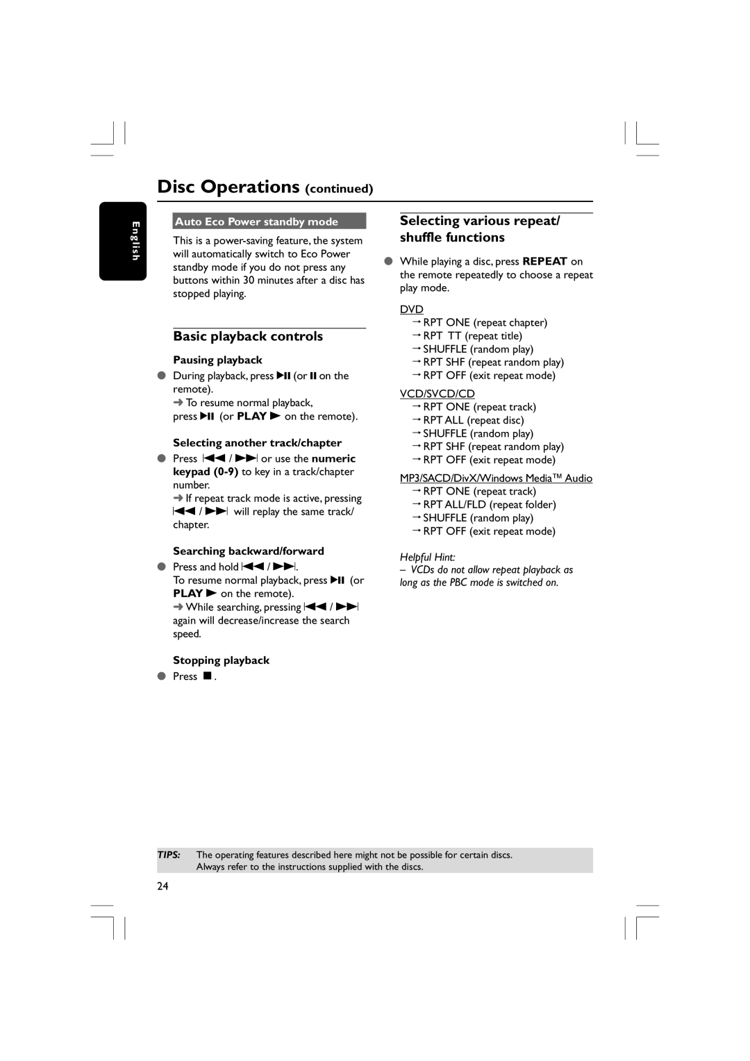 Philips HTS5310S/51 Basic playback controls, Selecting various repeat/ shuffle functions, Auto Eco Power standby mode 