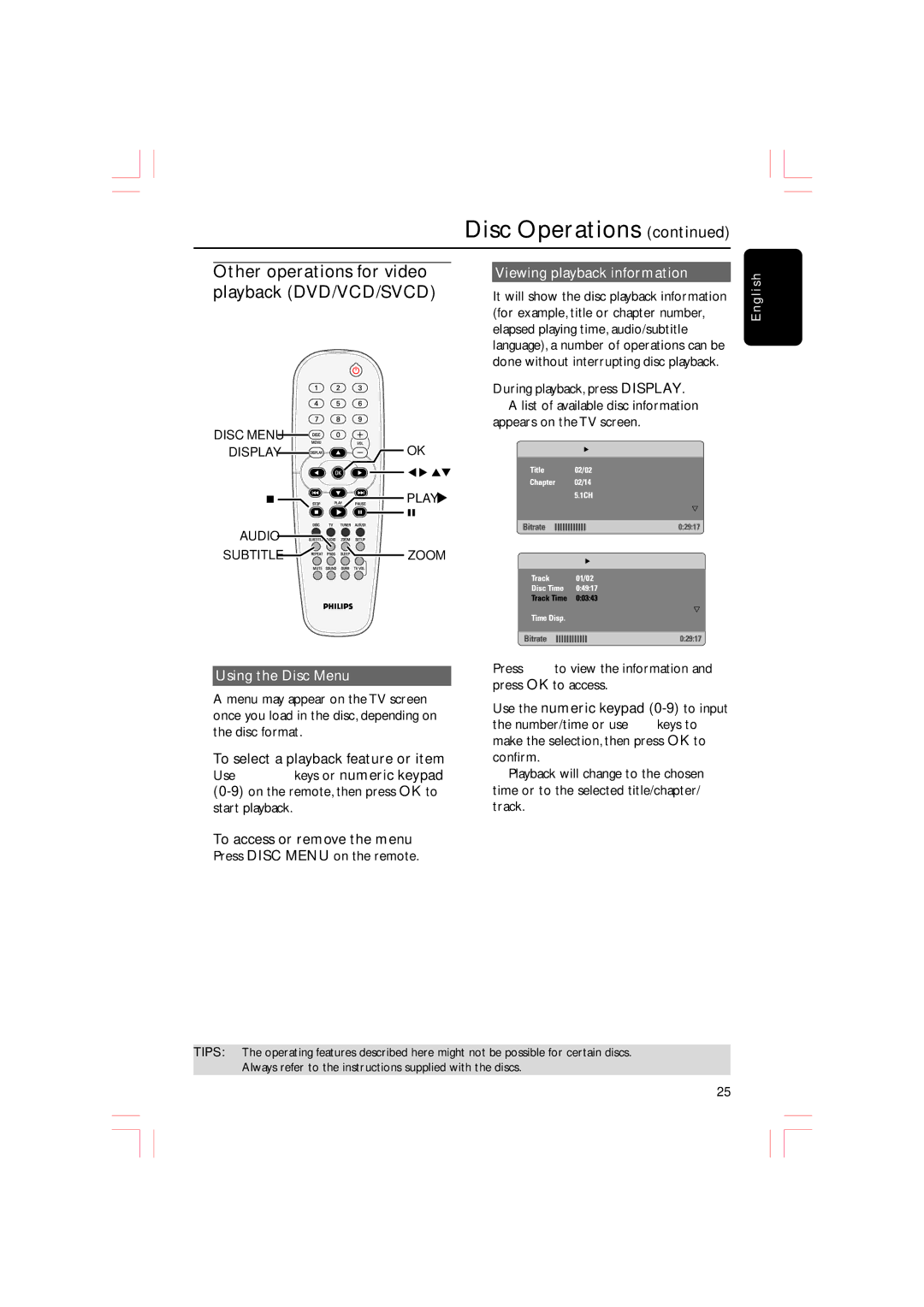 Philips HTS5310S/51 Other operations for video playback DVD/VCD/SVCD, Viewing playback information, Using the Disc Menu 