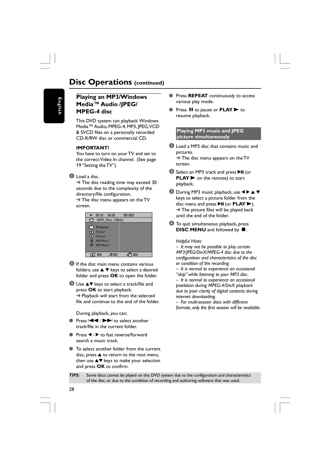 Philips HTS5310S/51 user manual Playing an MP3/Windows Media Audio /JPEG/ MPEG-4 disc, Disc menu appears on the TV screen 