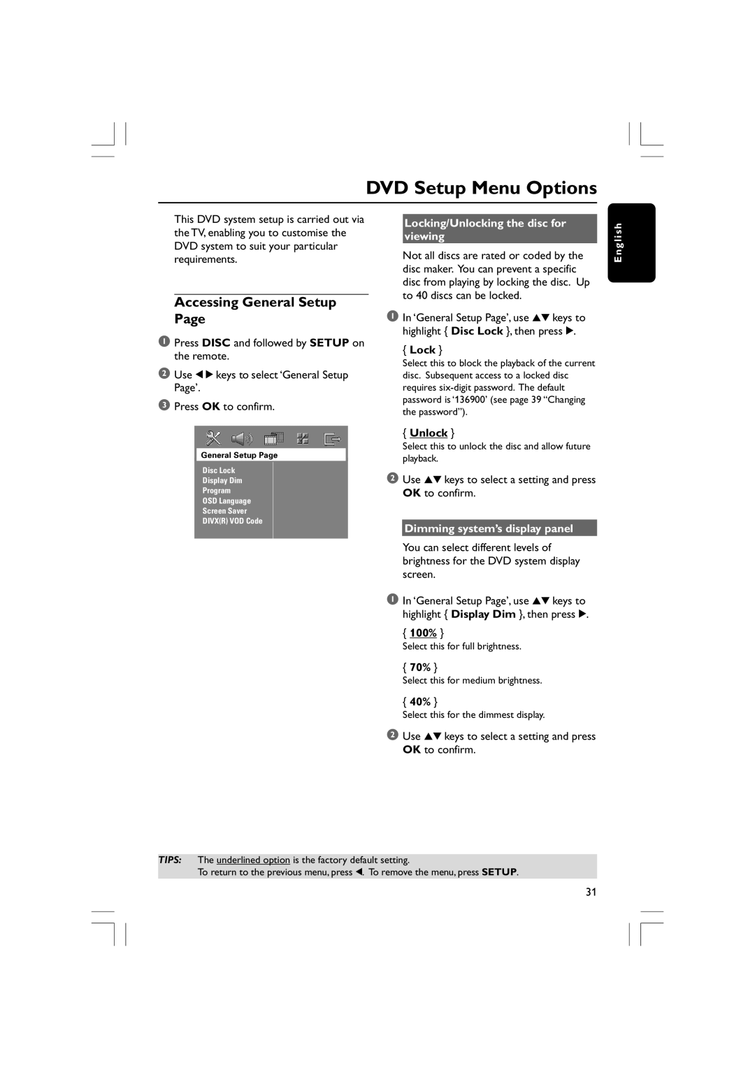 Philips HTS5310S/51 user manual DVD Setup Menu Options, Accessing General Setup, Locking/Unlocking the disc for viewing 