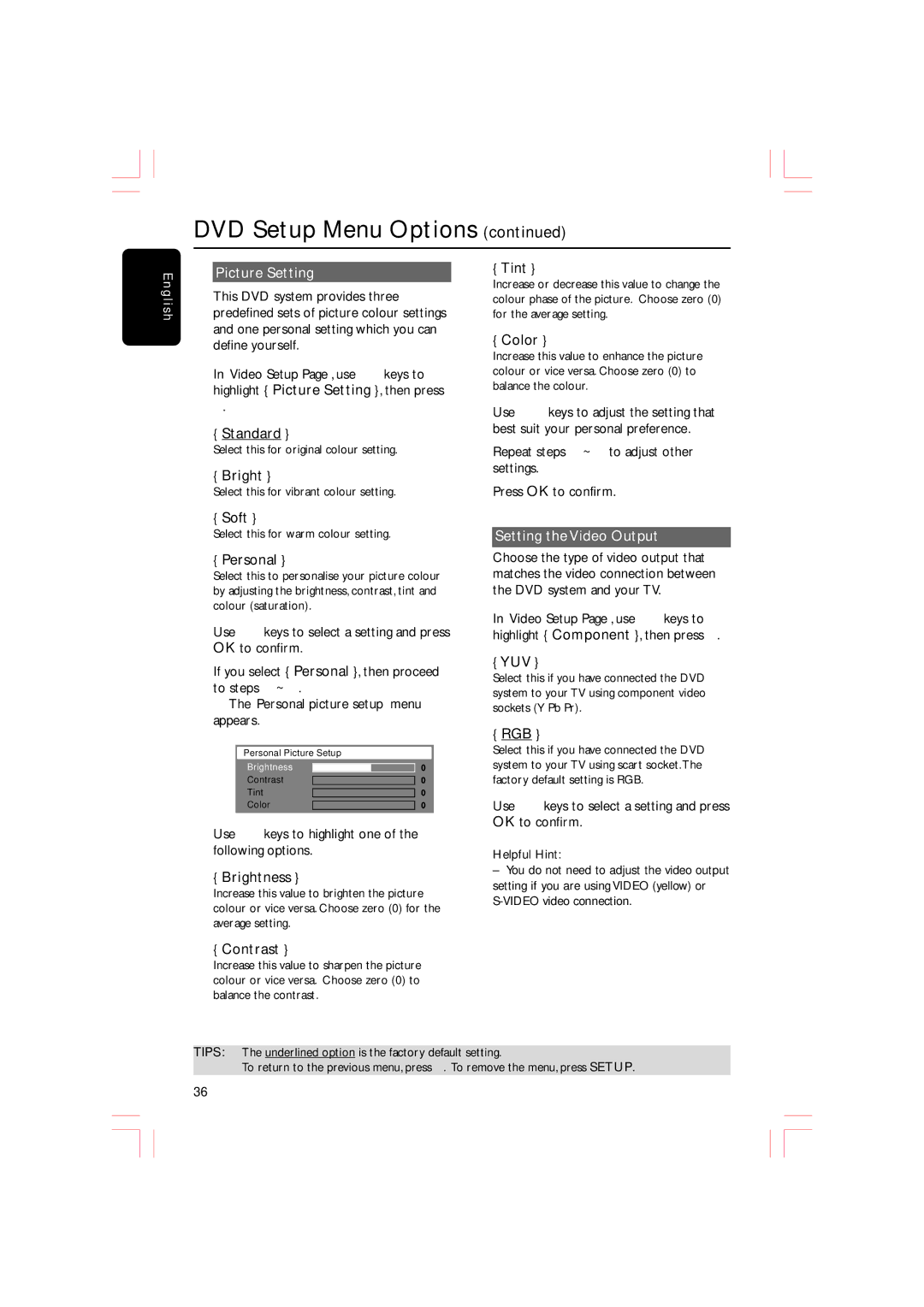 Philips HTS5310S/51 user manual Picture Setting, Setting the Video Output 