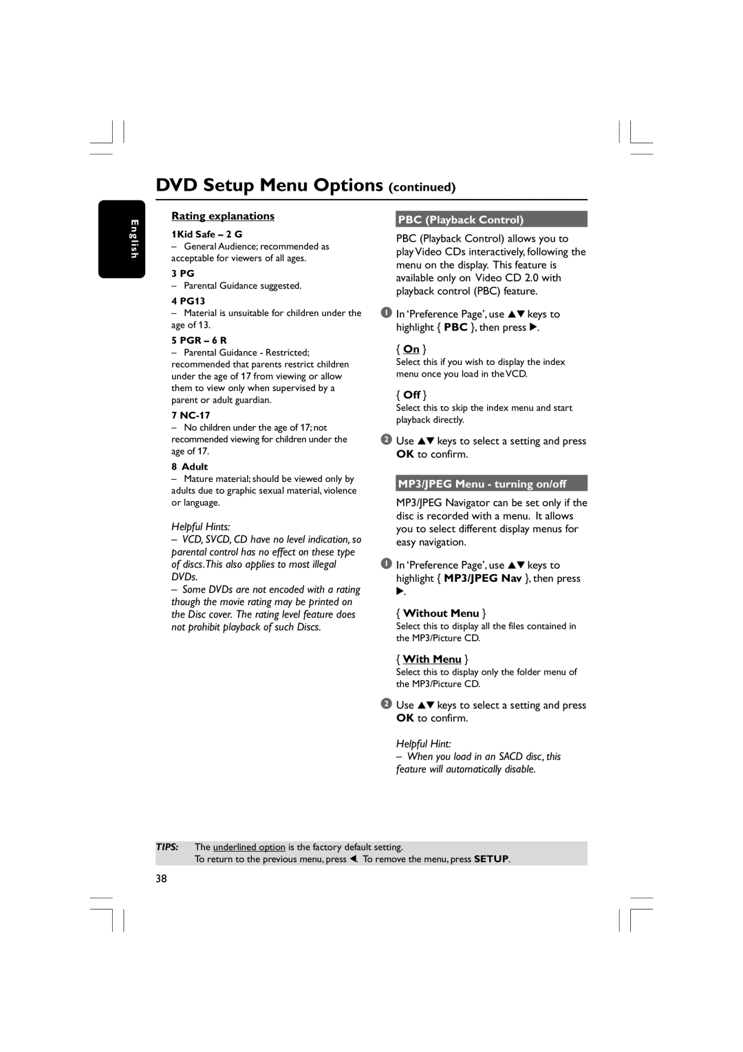 Philips HTS5310S/51 Rating explanations, PBC Playback Control, MP3/JPEG Menu turning on/off, Without Menu, With Menu 