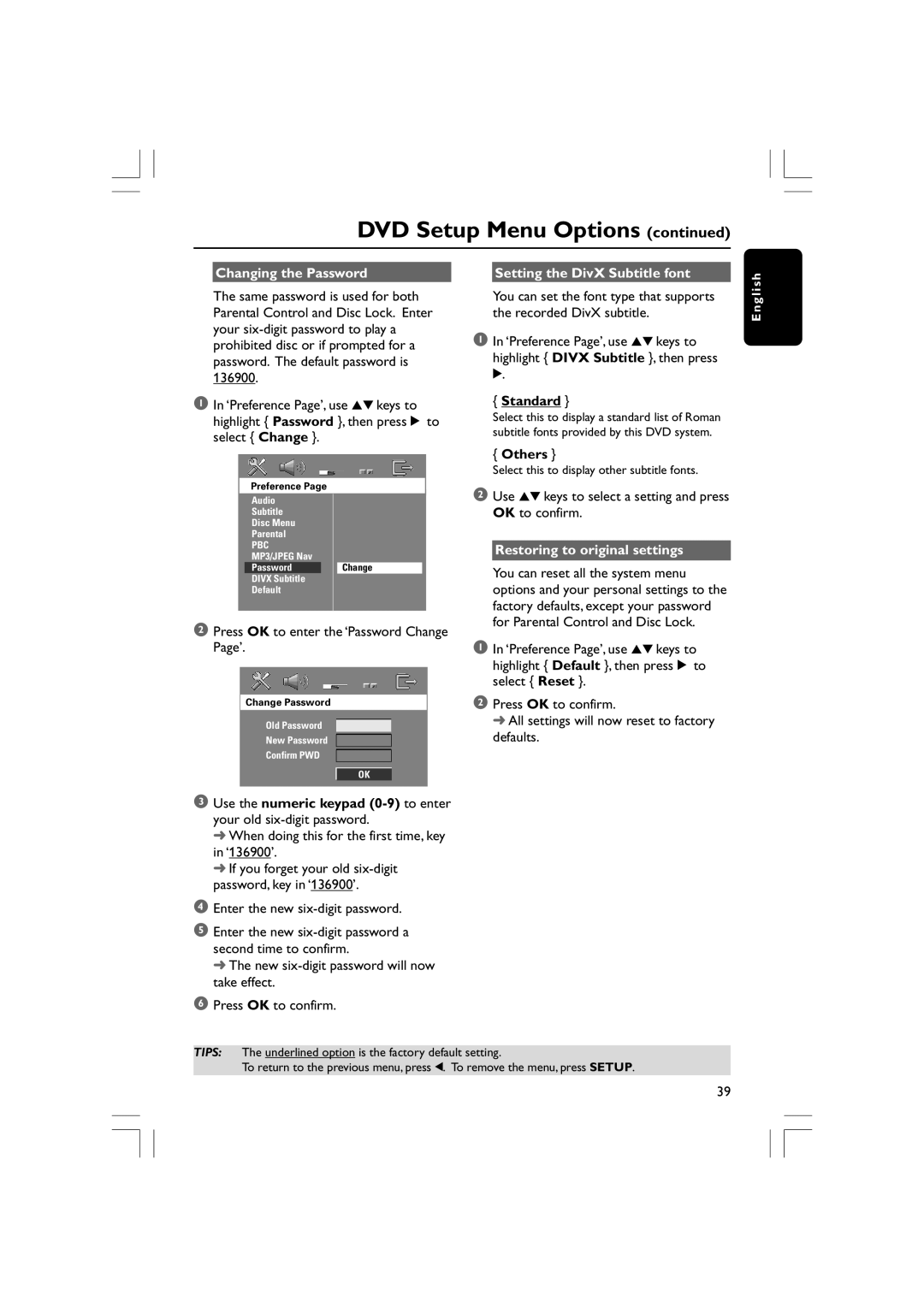 Philips HTS5310S/51 Changing the Password Setting the DivX Subtitle font, Others, Restoring to original settings 