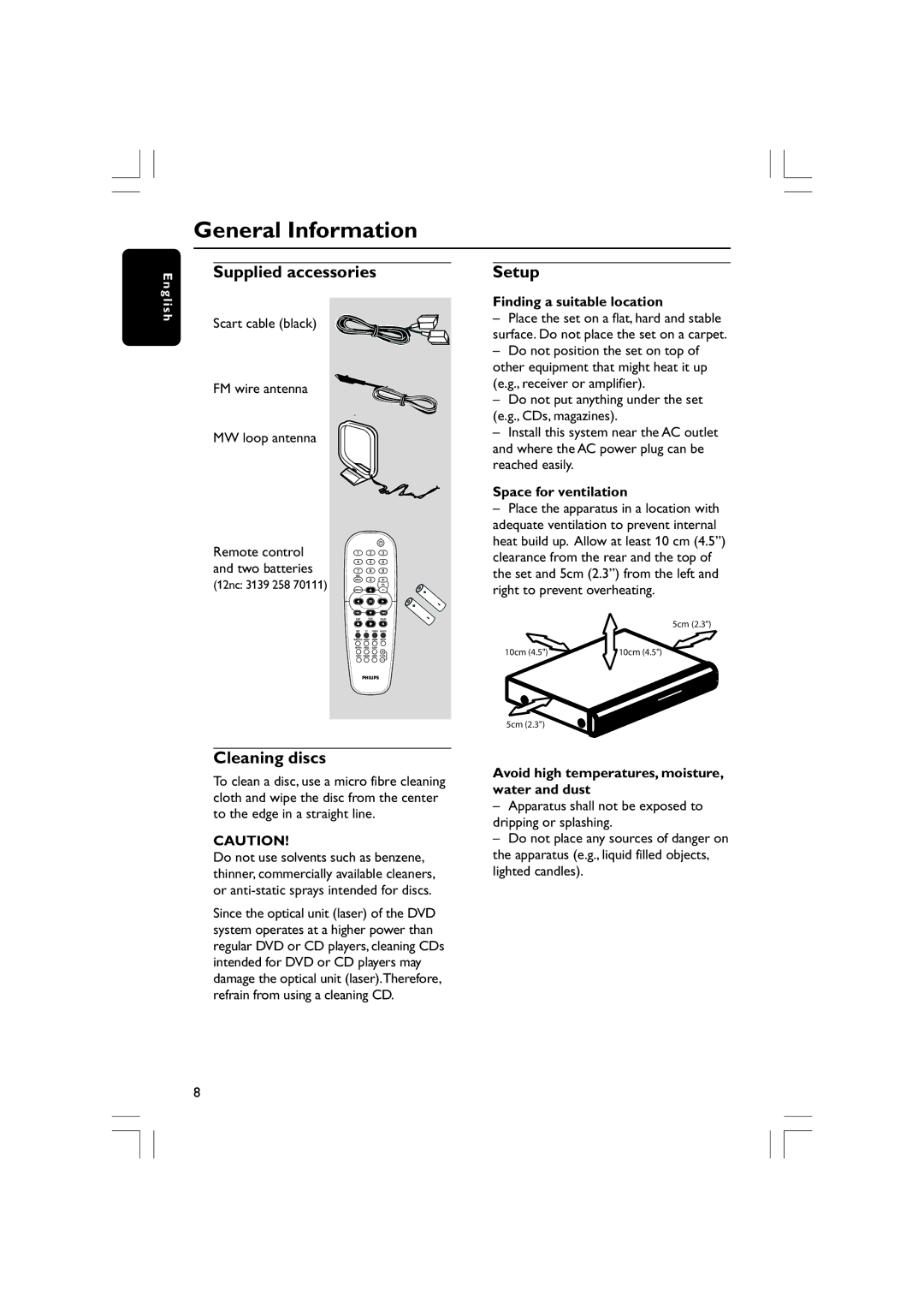 Philips HTS5310S/51 user manual General Information, Supplied accessories, Setup, Cleaning discs 