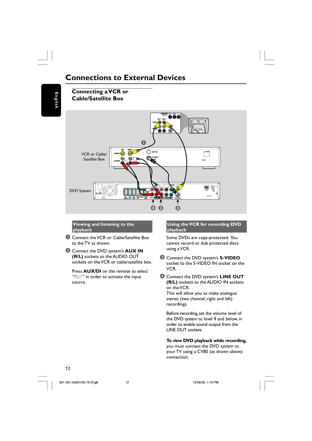 Philips HTS5310S/75 user manual Connections to External Devices, Connecting a VCR or Cable/Satellite Box 