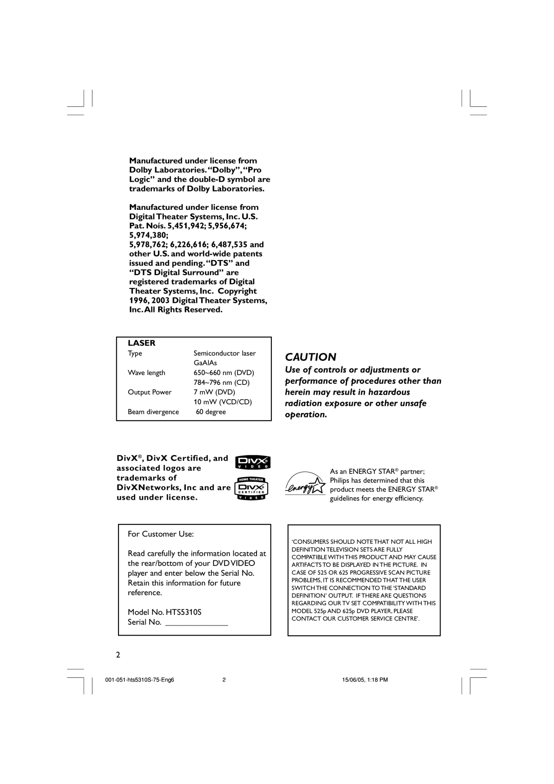 Philips HTS5310S/75 user manual Laser 