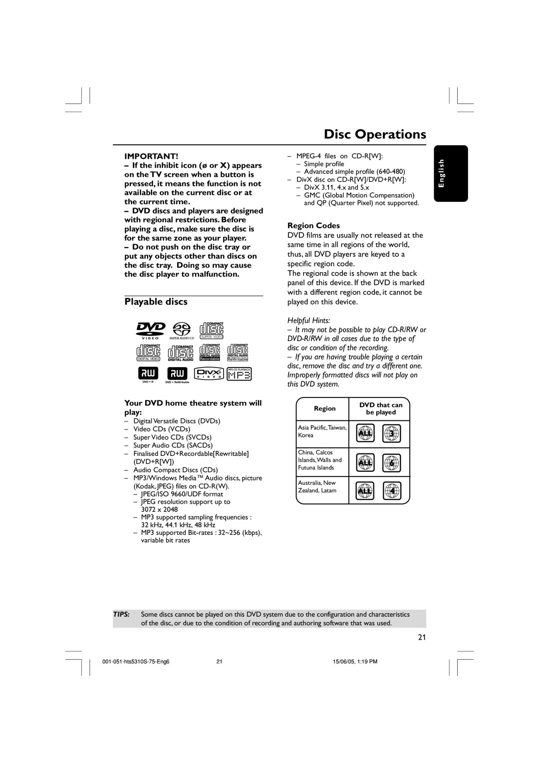 Philips HTS5310S/75 user manual Disc Operations, Playable discs, Your DVD home theatre system will play, Region Codes 