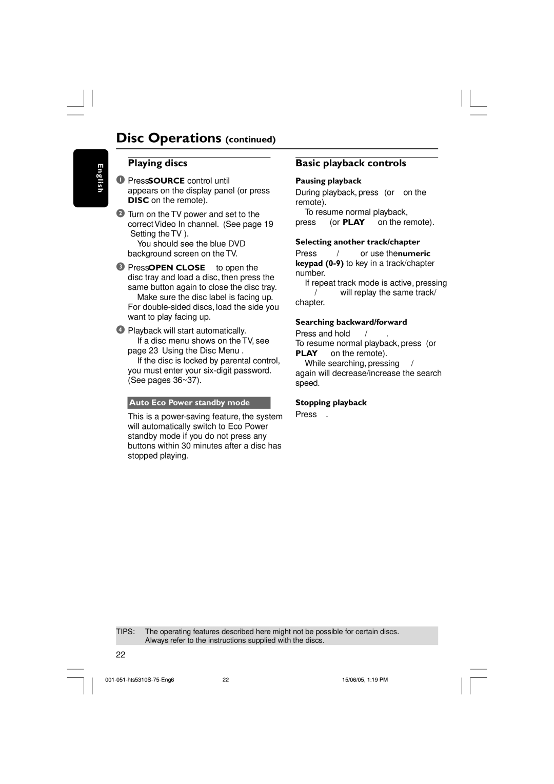 Philips HTS5310S/75 user manual Playing discs, Basic playback controls, Auto Eco Power standby mode 