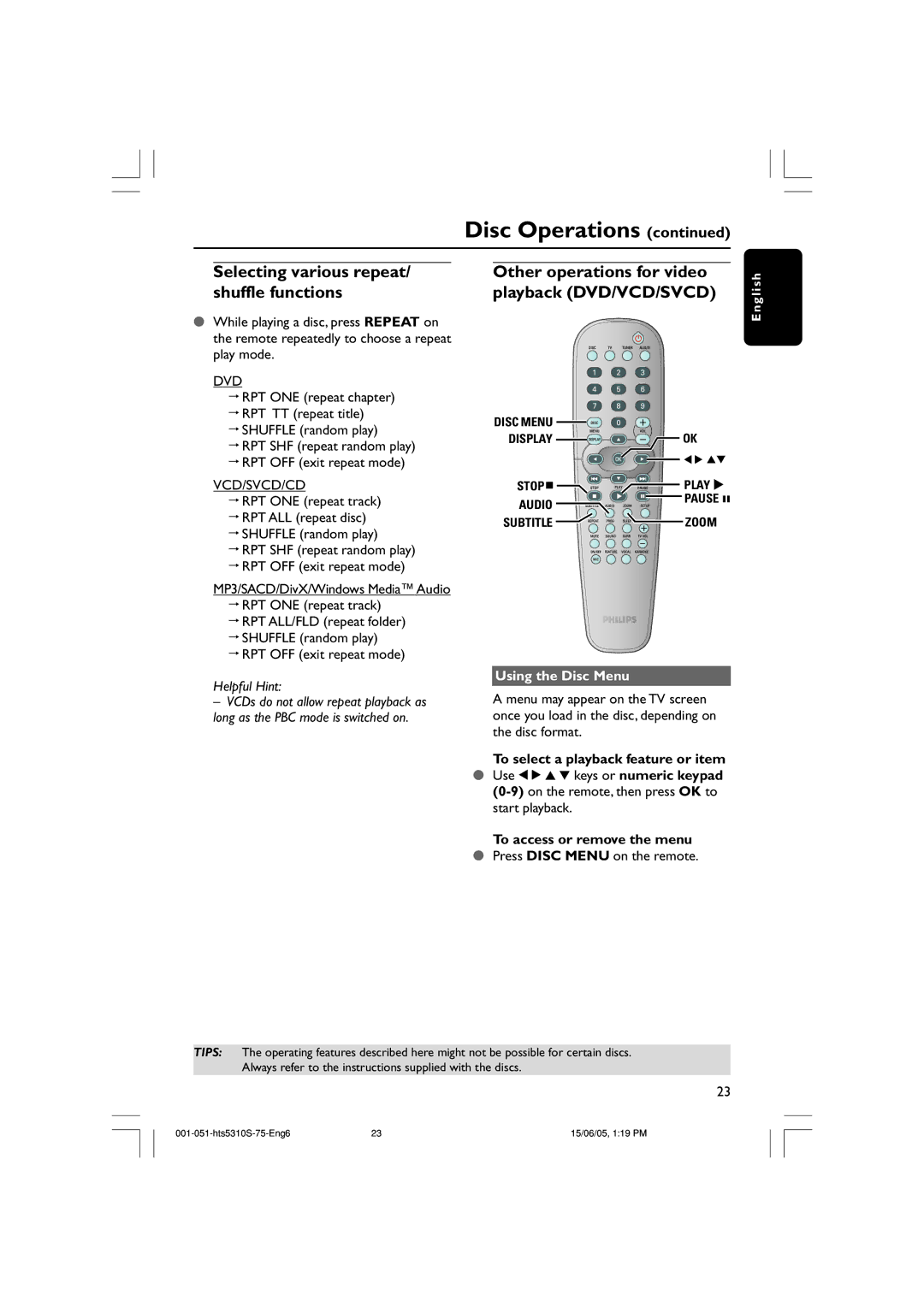 Philips HTS5310S/75 Selecting various repeat/ shuffle functions, Other operations for video playback DVD/VCD/SVCD 