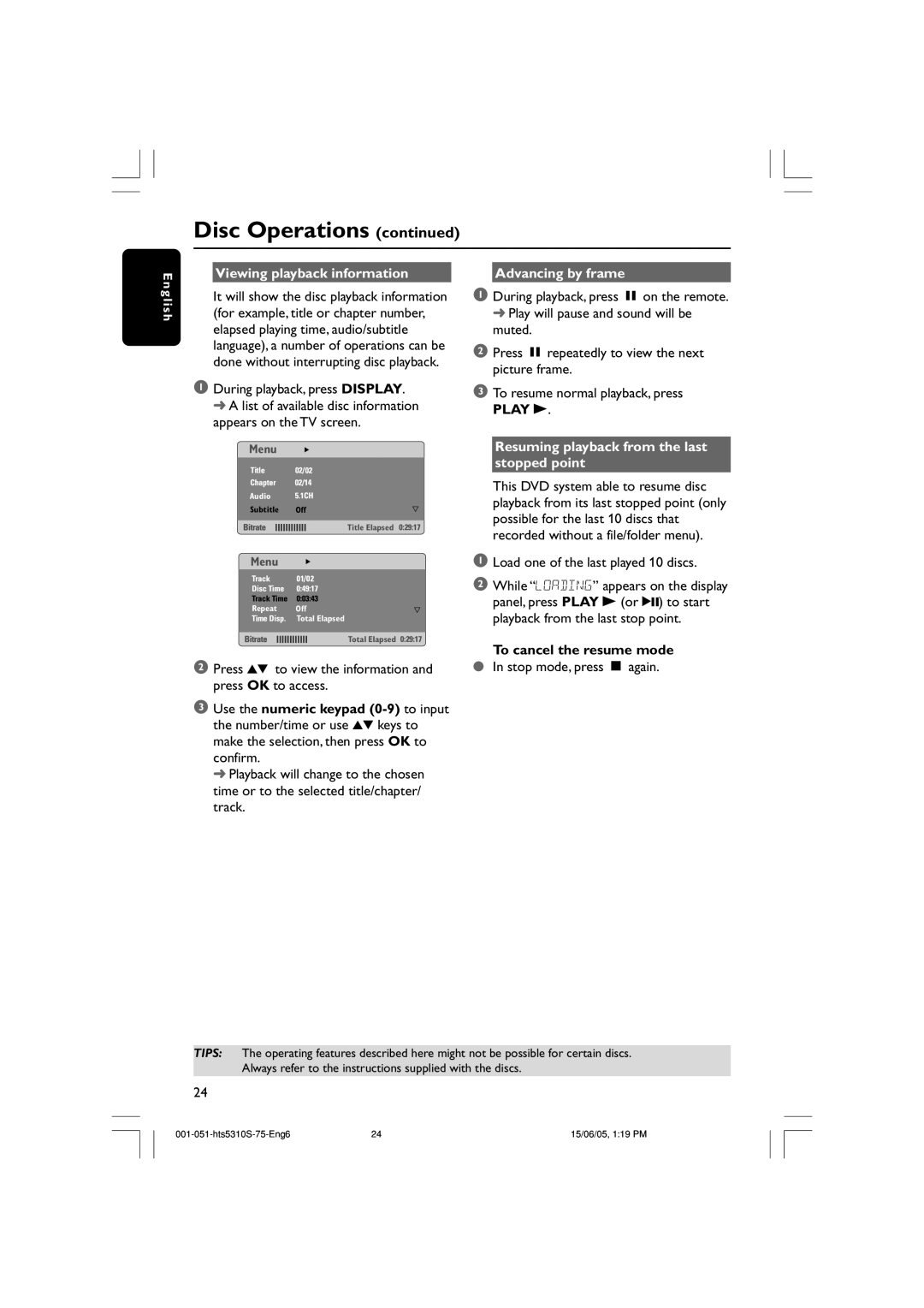 Philips HTS5310S/75 Viewing playback information, Possible for the last 10 discs that, Recorded without a file/folder menu 