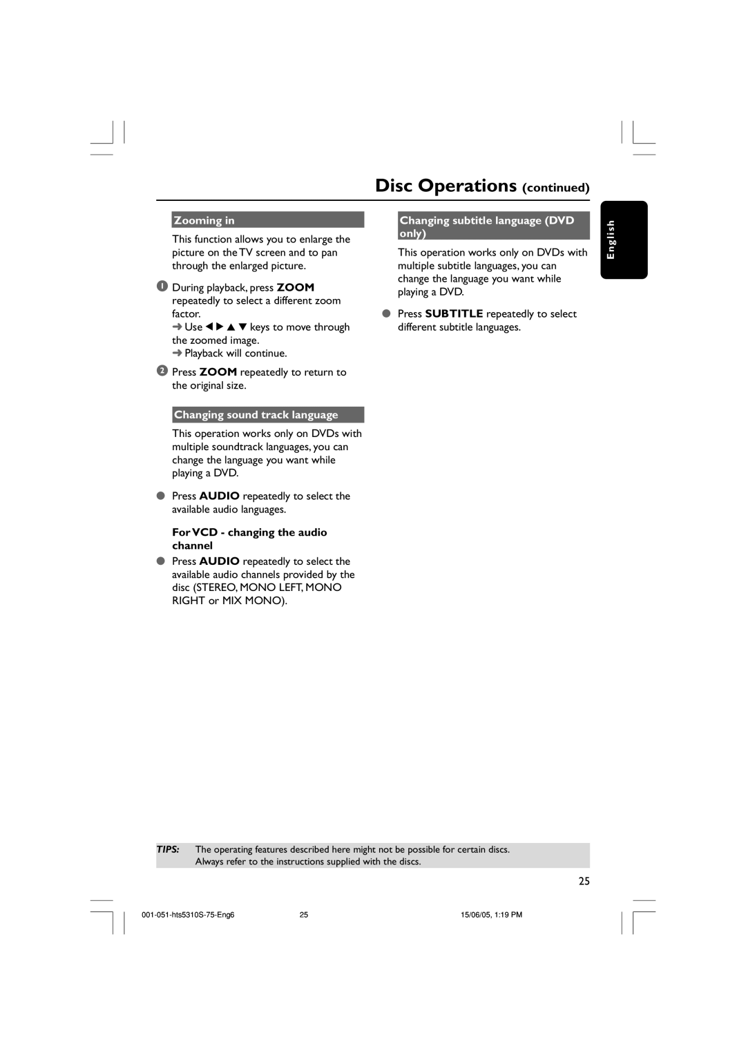 Philips HTS5310S/75 user manual Zooming, Changing subtitle language DVD only, Changing sound track language 