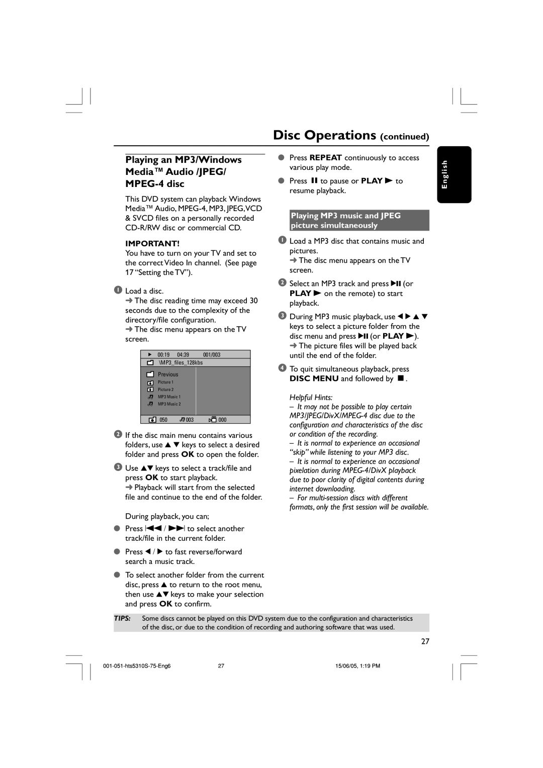 Philips HTS5310S/75 user manual Playing an MP3/Windows Media Audio /JPEG/ MPEG-4 disc, Disc menu appears on the TV screen 