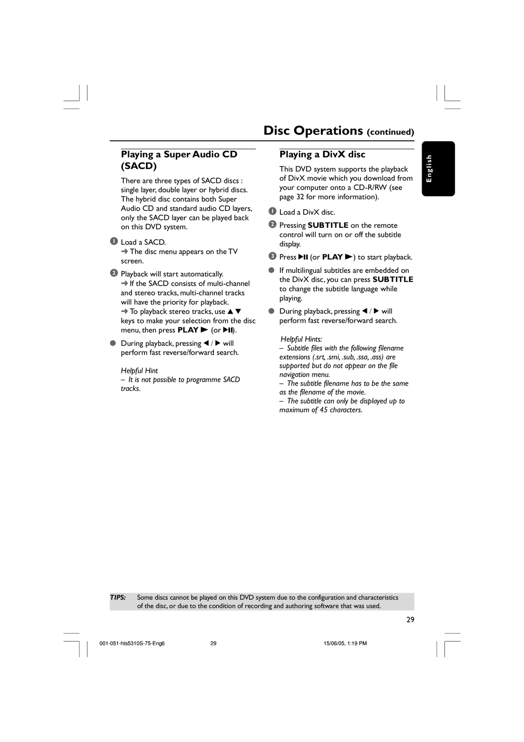 Philips HTS5310S/75 user manual Playing a Super Audio CD Sacd, Playing a DivX disc 