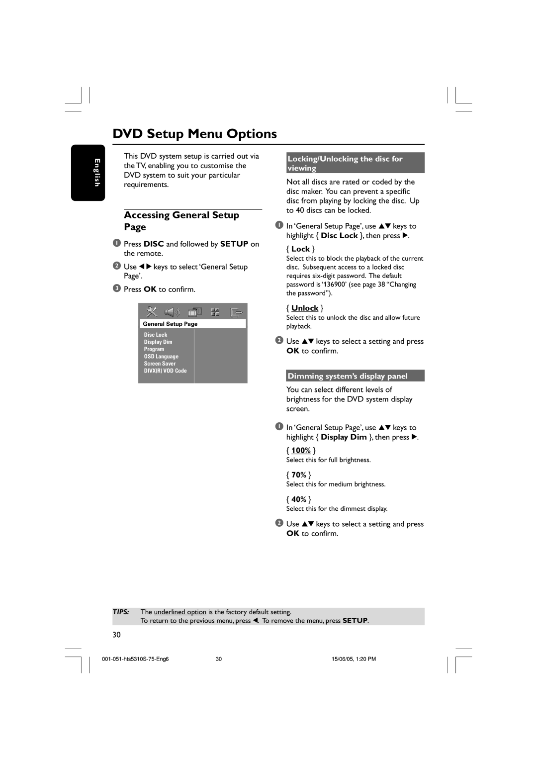 Philips HTS5310S/75 user manual DVD Setup Menu Options, Accessing General Setup, Locking/Unlocking the disc for viewing 