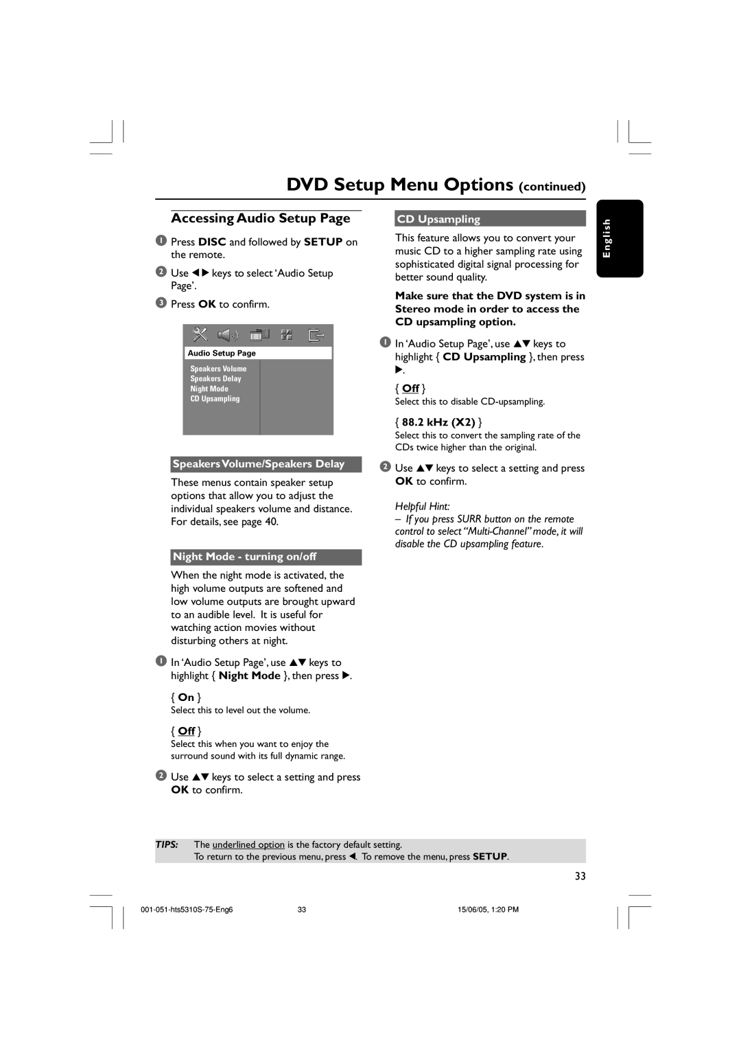 Philips HTS5310S/75 user manual Accessing Audio Setup, CD Upsampling, 88.2 kHz, Speakers Volume/Speakers Delay 