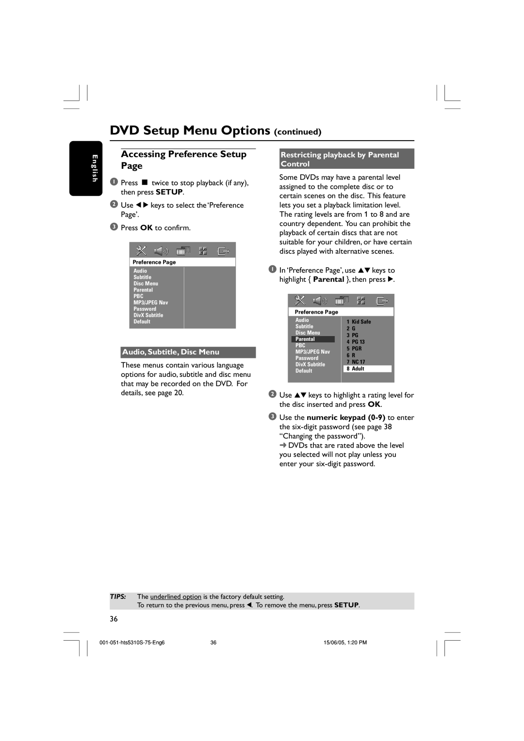 Philips HTS5310S/75 Accessing Preference Setup, Audio, Subtitle, Disc Menu, Restricting playback by Parental Control 