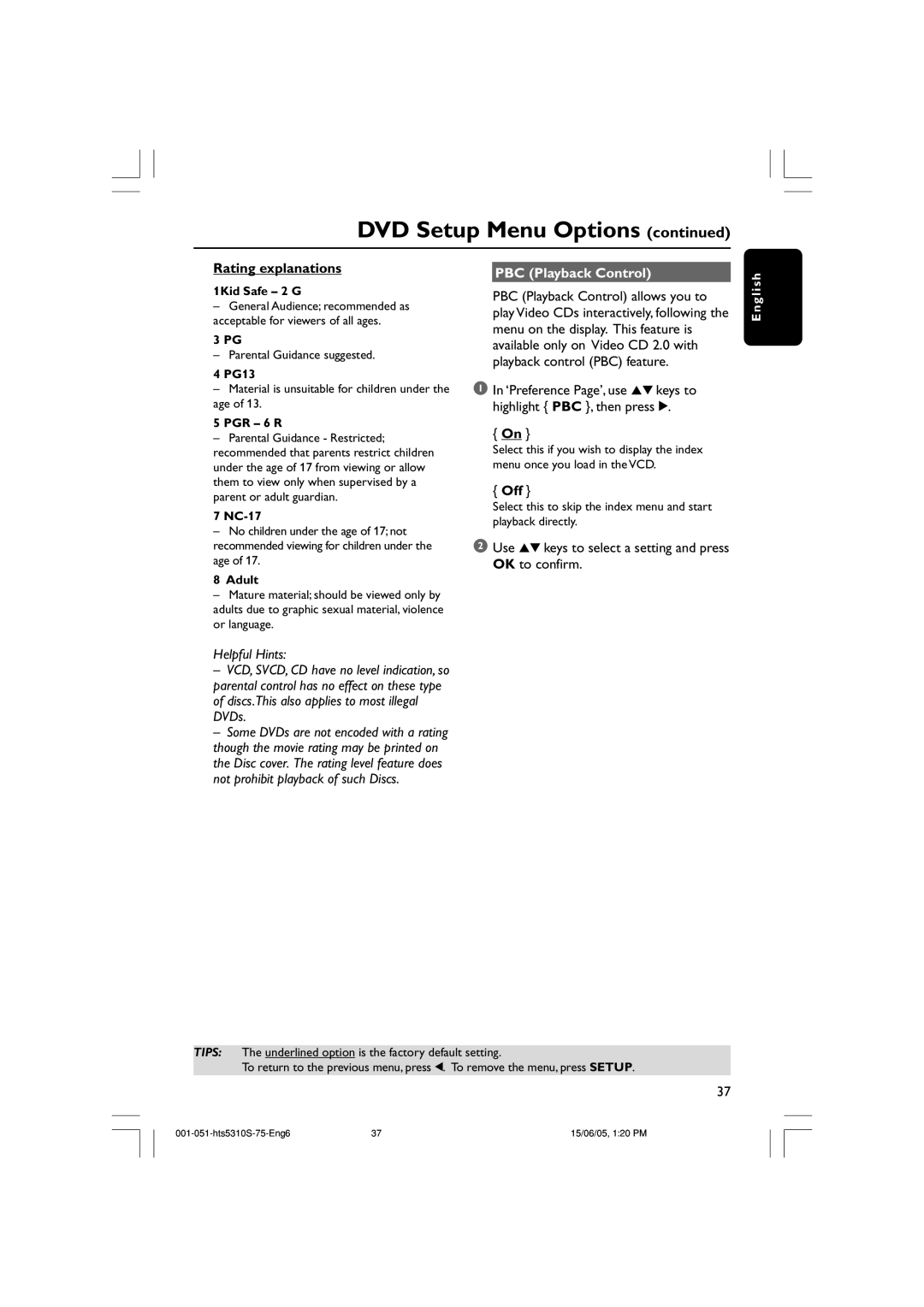 Philips HTS5310S/75 user manual Rating explanations, PBC Playback Control 