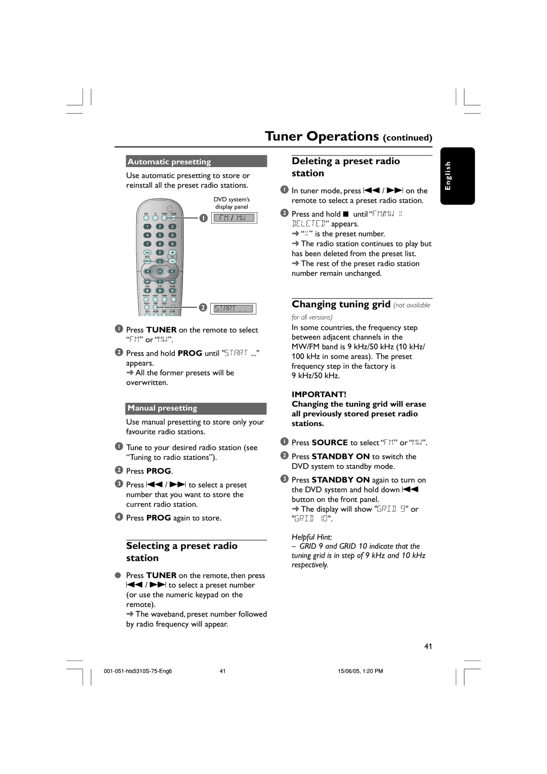 Philips HTS5310S/75 Selecting a preset radio station, Deleting a preset radio station, Changing tuning grid not available 