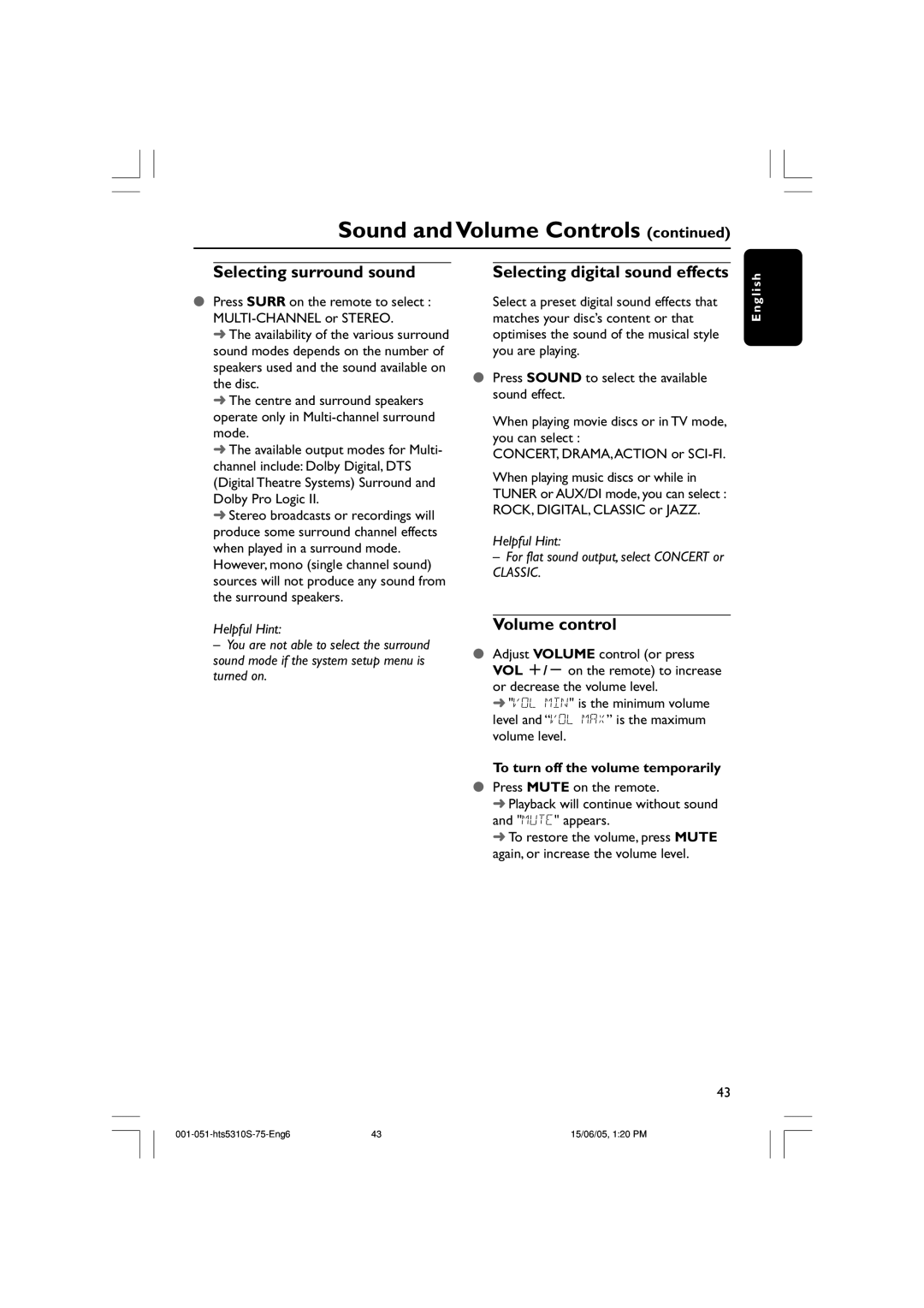 Philips HTS5310S/75 user manual Selecting surround sound, Selecting digital sound effects, Volume control 