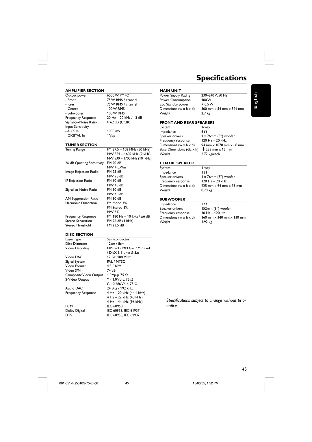 Philips HTS5310S/75 user manual Specifications, Amplifier Section 