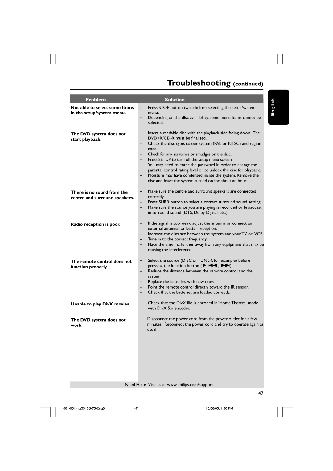 Philips HTS5310S/75 user manual DVD system does not start playback 