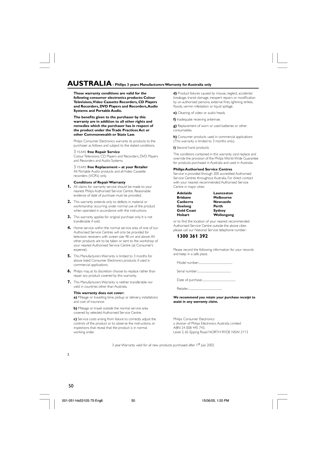 Philips HTS5310S/75 user manual 1300 361, Conditions of Repair Warranty 