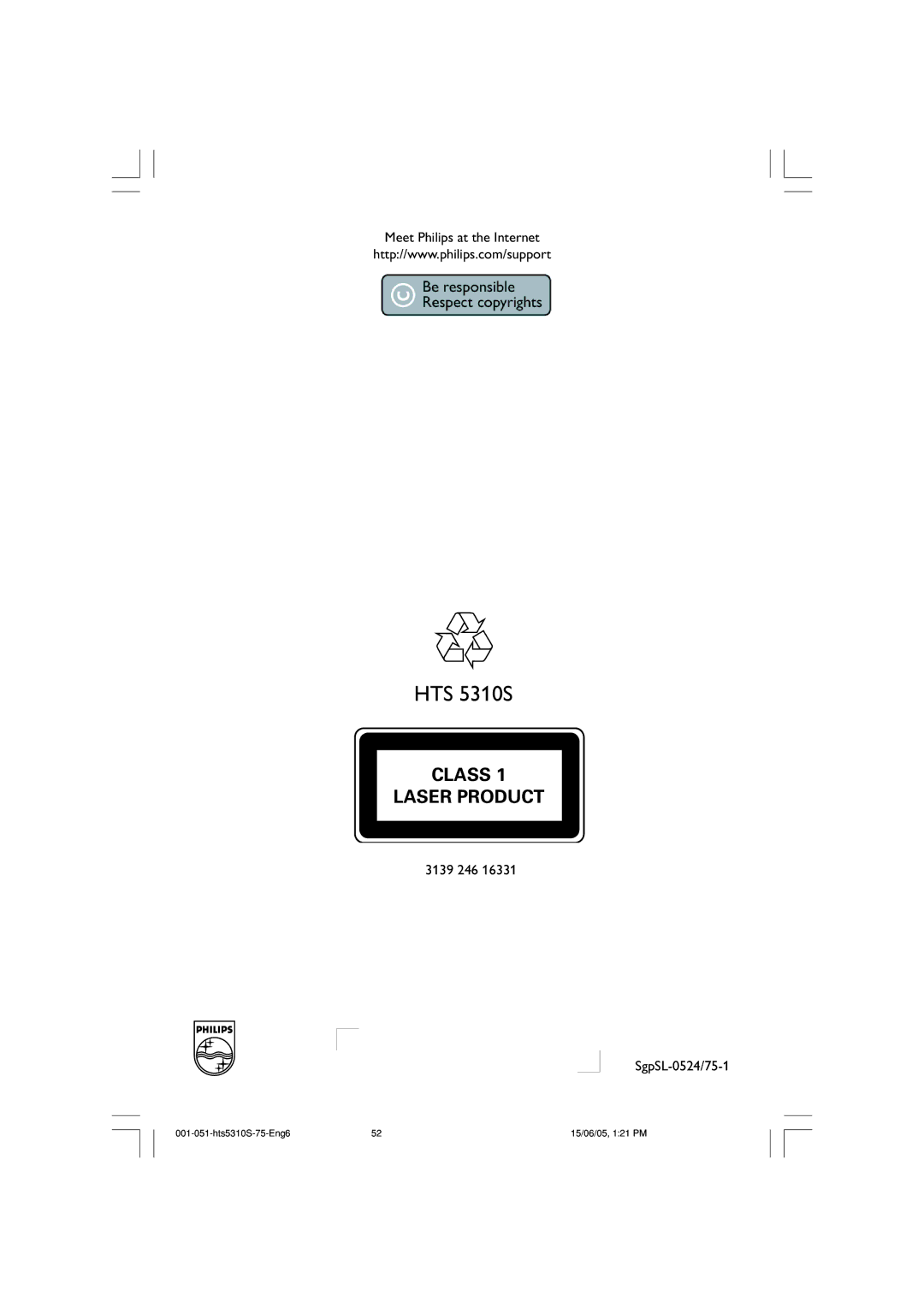 Philips HTS5310S/75 user manual Meet Philips at the Internet, 3139 246 SgpSL-0524/75-1 