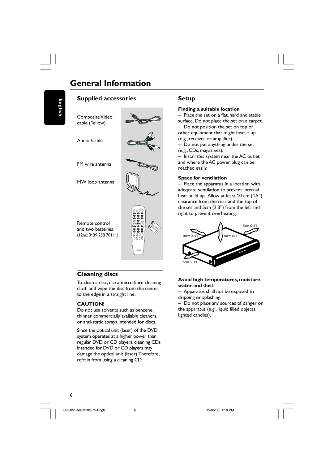 Philips HTS5310S/75 user manual General Information, Supplied accessories, Setup, Cleaning discs 