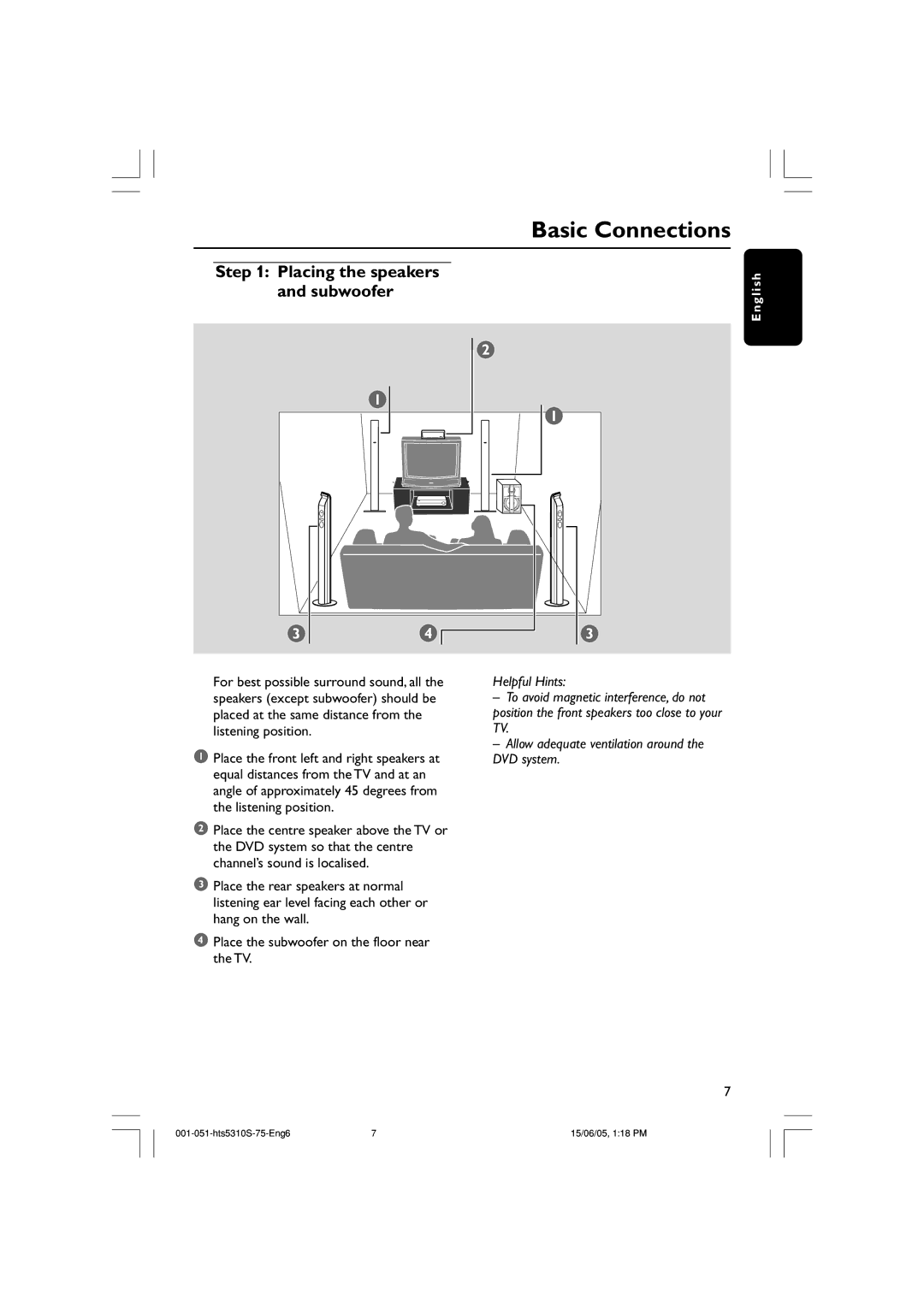 Philips HTS5310S/75 user manual Basic Connections, Placing the speakers and subwoofer 