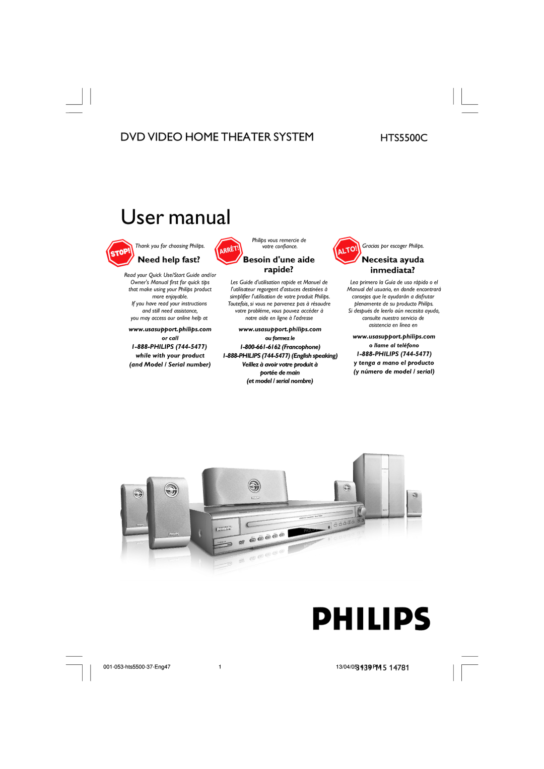 Philips HTS5500C/37B user manual DVD Video Home Theater System, 3139 115 