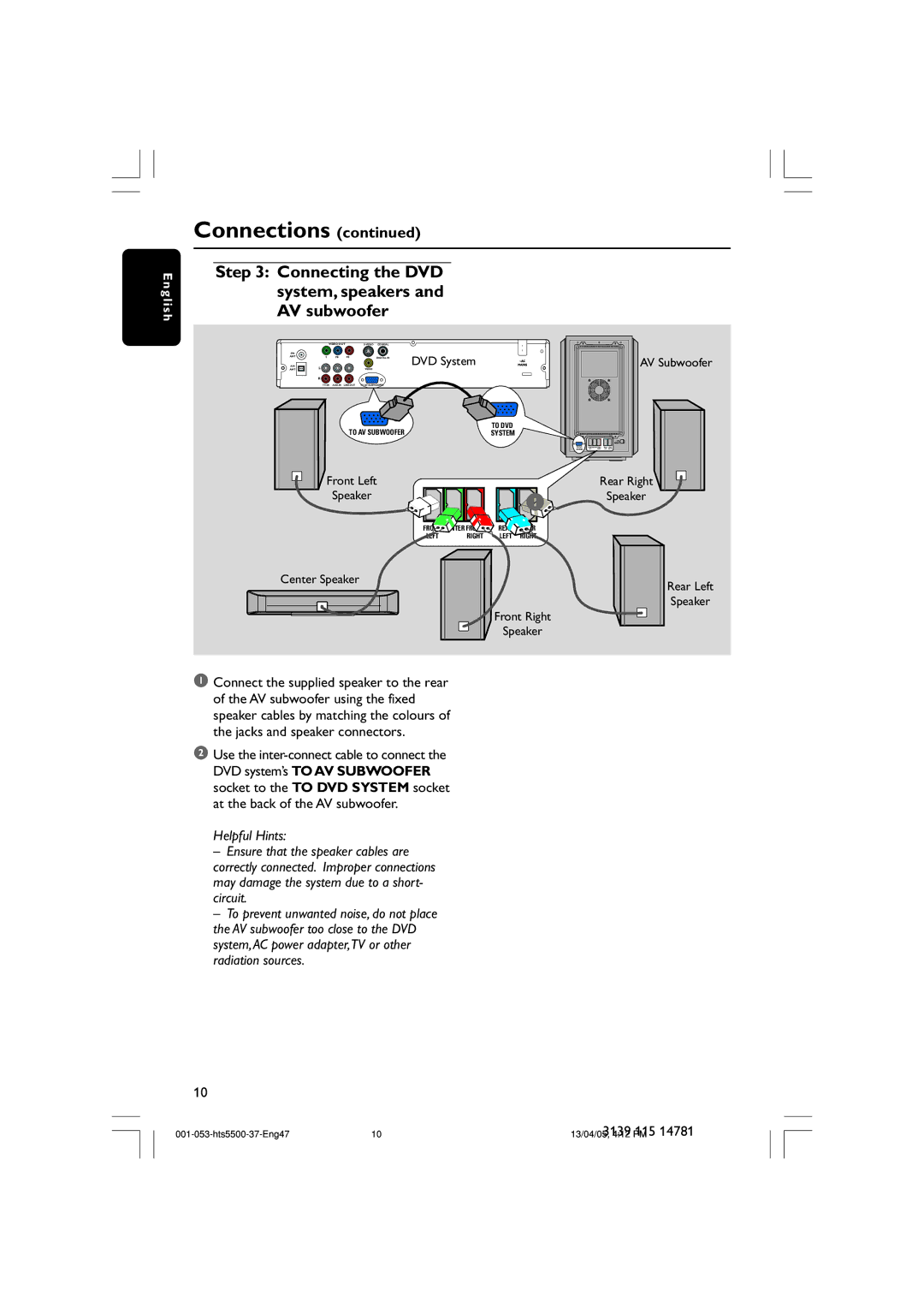 Philips HTS5500C/37B user manual Connections, Connecting the DVD system, speakers and AV subwoofer 