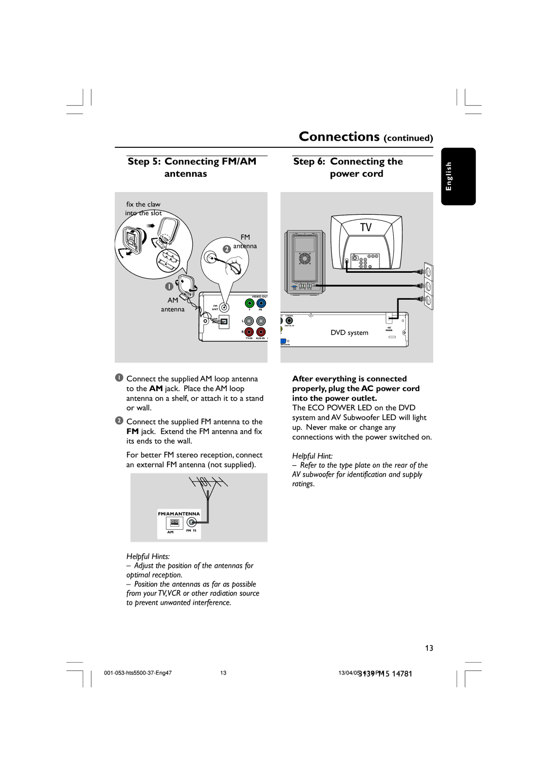 Philips HTS5500C/37B user manual Connecting FM/AM Antennas Power cord 