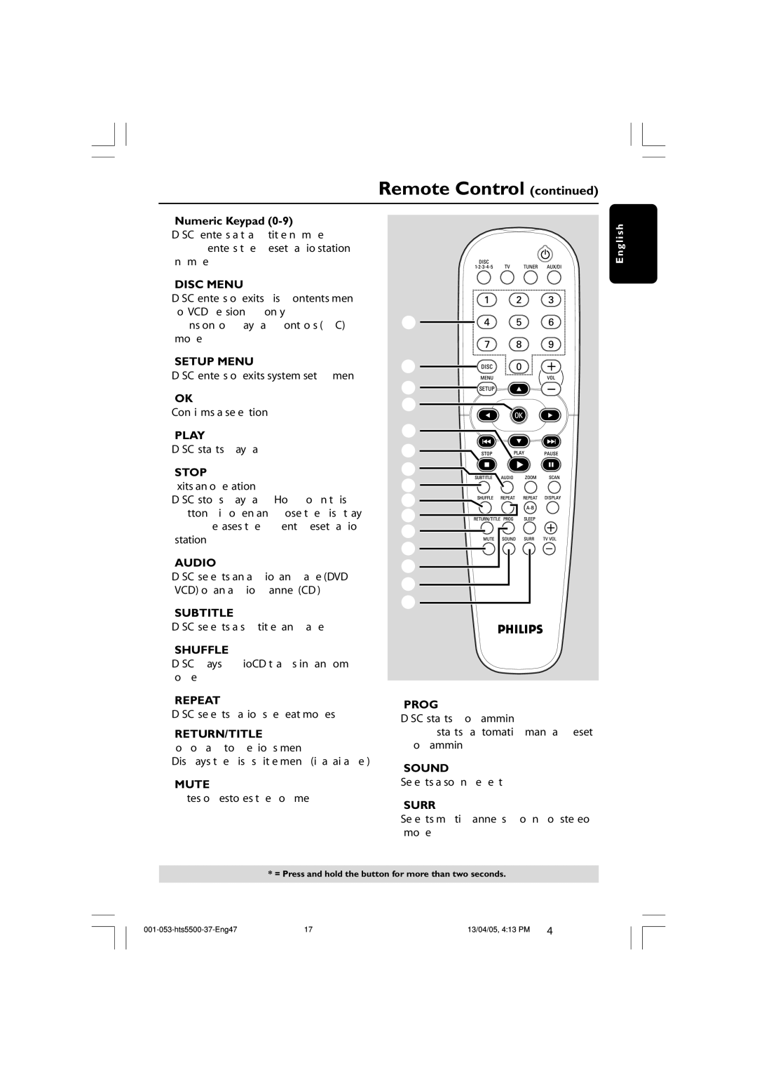 Philips HTS5500C/37B $ Disc Menu, Setup Menu, Playé, Stopç, Audio, Subtitle, ¡ Shuffle, Repeat, £ Return/Title, ≤ Mute 