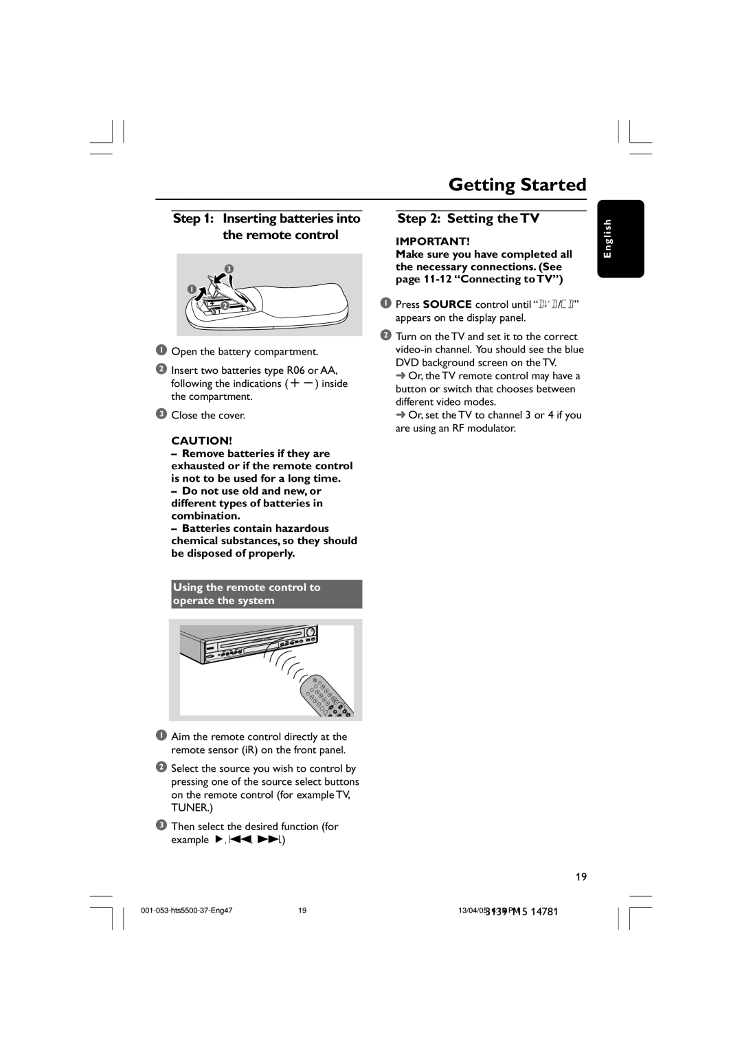 Philips HTS5500C/37B user manual Getting Started, Setting the TV, Using the remote control to operate the system 