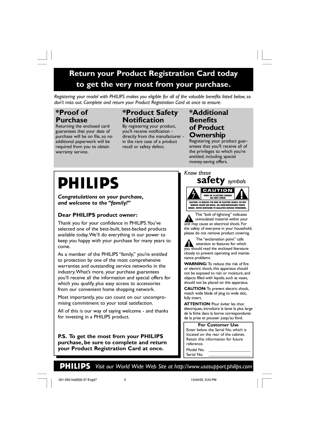 Philips HTS5500C/37B user manual Returning the enclosed card By registering your product, For Customer Use 