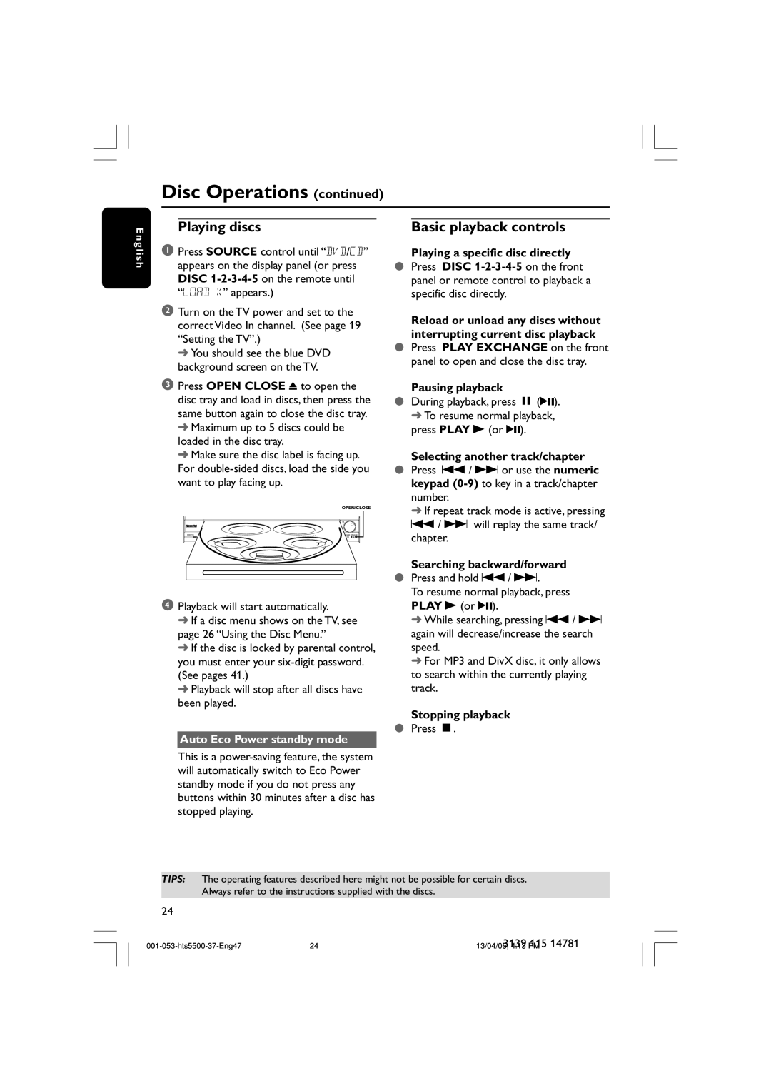 Philips HTS5500C/37B user manual Playing discs, Basic playback controls, Auto Eco Power standby mode 